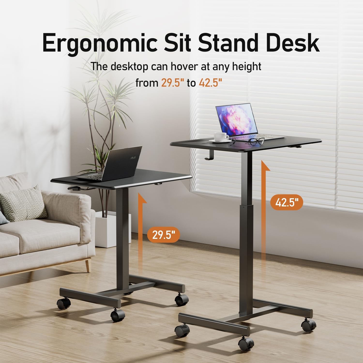 Adjustable Height Mobile Standing Desk with Lockable Wheels & Hook - Portable Rolling Laptop Desk for Home Office & Hospital Use - Sit Stand Workstation with Gas Spring for Ergonomic Computing, Telemedicine & Nursing Stations