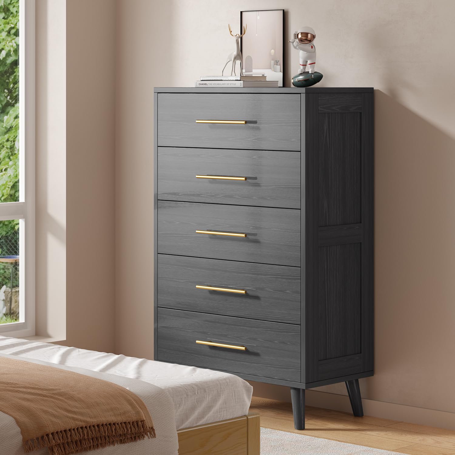 Aiho 5-Drawer Dresser with Metal Handles - Tall Wooden Chest Storage Organizer for Bedroom, Hallway & Living Room - Black - Perfect for Small Space Organization & Home Decor