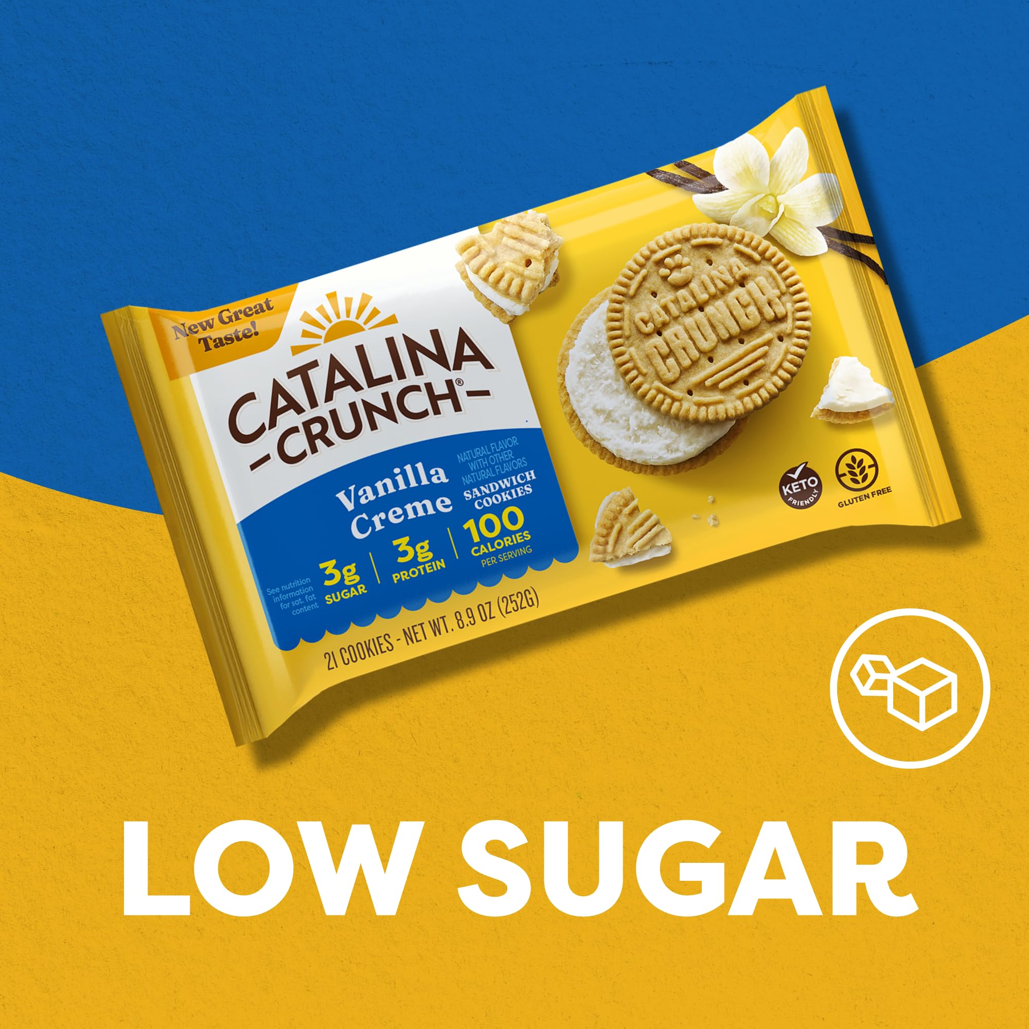 Catalina Crunch Vanilla Creme Sandwich Cookies - Low Carb, Keto Friendly, Sugar Free Snacks - 8.9 oz Pack (21 Cookies) - Perfect for Weight Loss, Diabetic Diets & Healthy On-the-Go Snacking