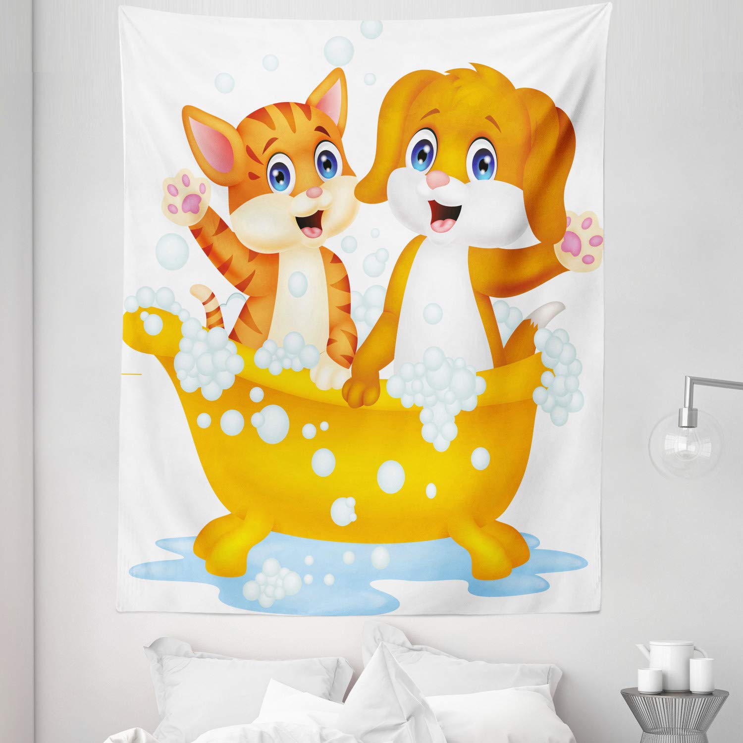 Ambesonne Animal Tapestry Twin Size - Cartoon Cat & Dog in Bathtub with Bubbles Wall Hanging - 68x88 Inch Yellow Brown Blue Bedspread - Perfect for Bedroom Decor, Dorm Room, or Living Room Wall Art