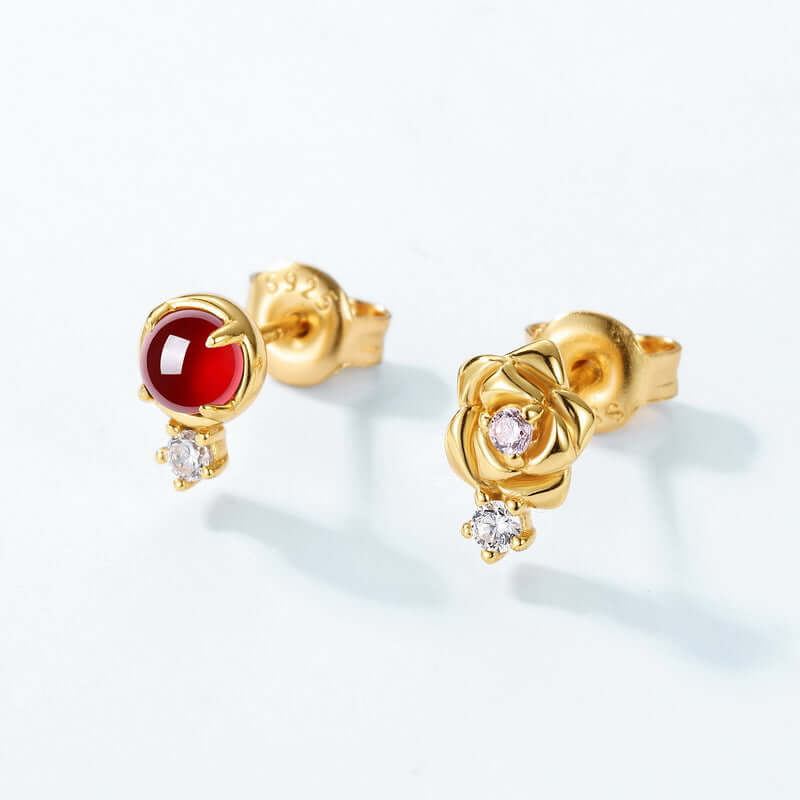 Asymmetric Red Garnet Rose Stud Earrings for Women | 925 Sterling Silver Dainty Floral Jewelry | Perfect for Valentine's Day, Anniversary & Romantic Date Night Gifts