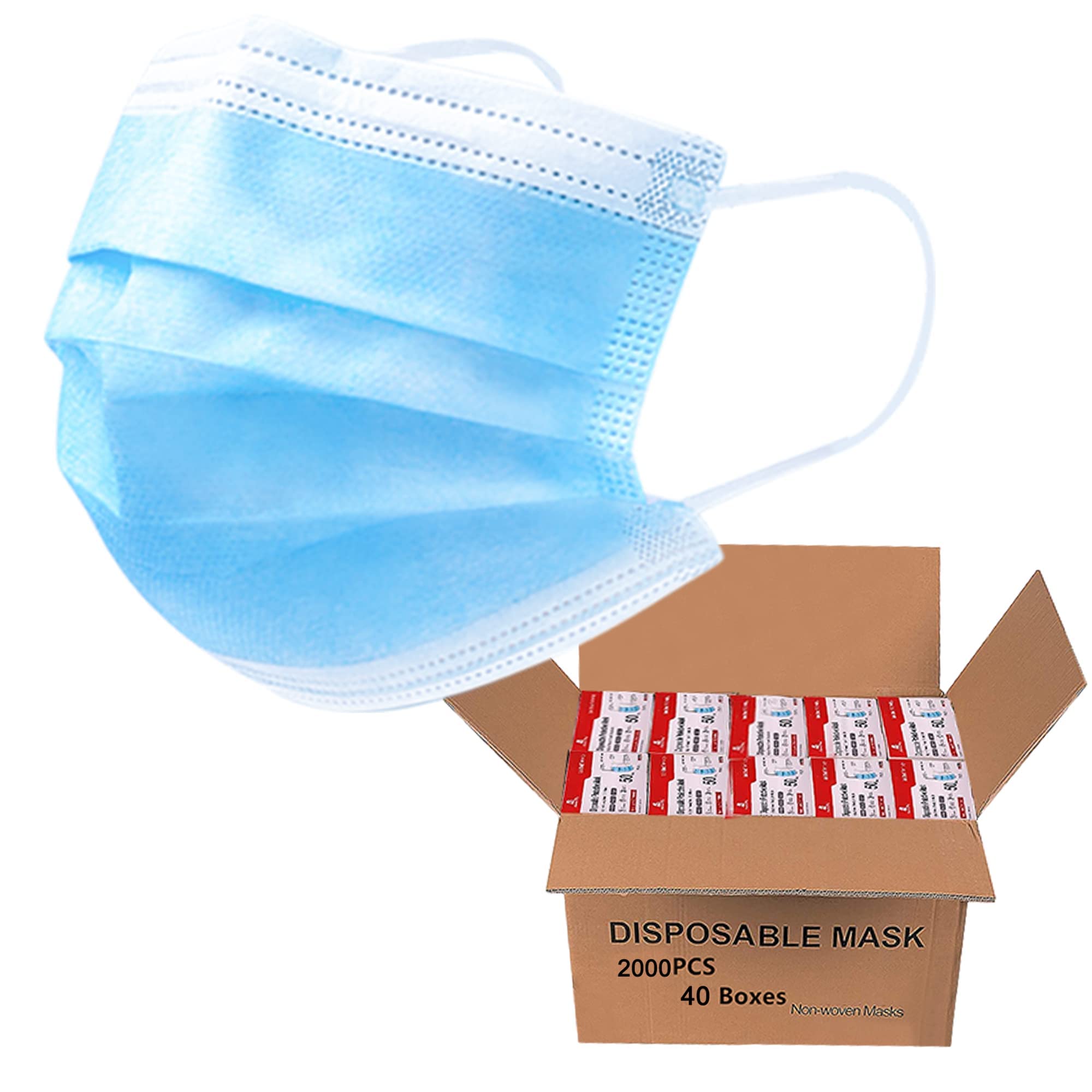 2000 PCS Bulk Disposable Face Masks (40 Packs) - 3-Ply Protective Face Coverings, Comfortable Cup Dust Masks for Daily Use, Business & Wholesale - Ideal for Office, Travel, and Public Safety Protection