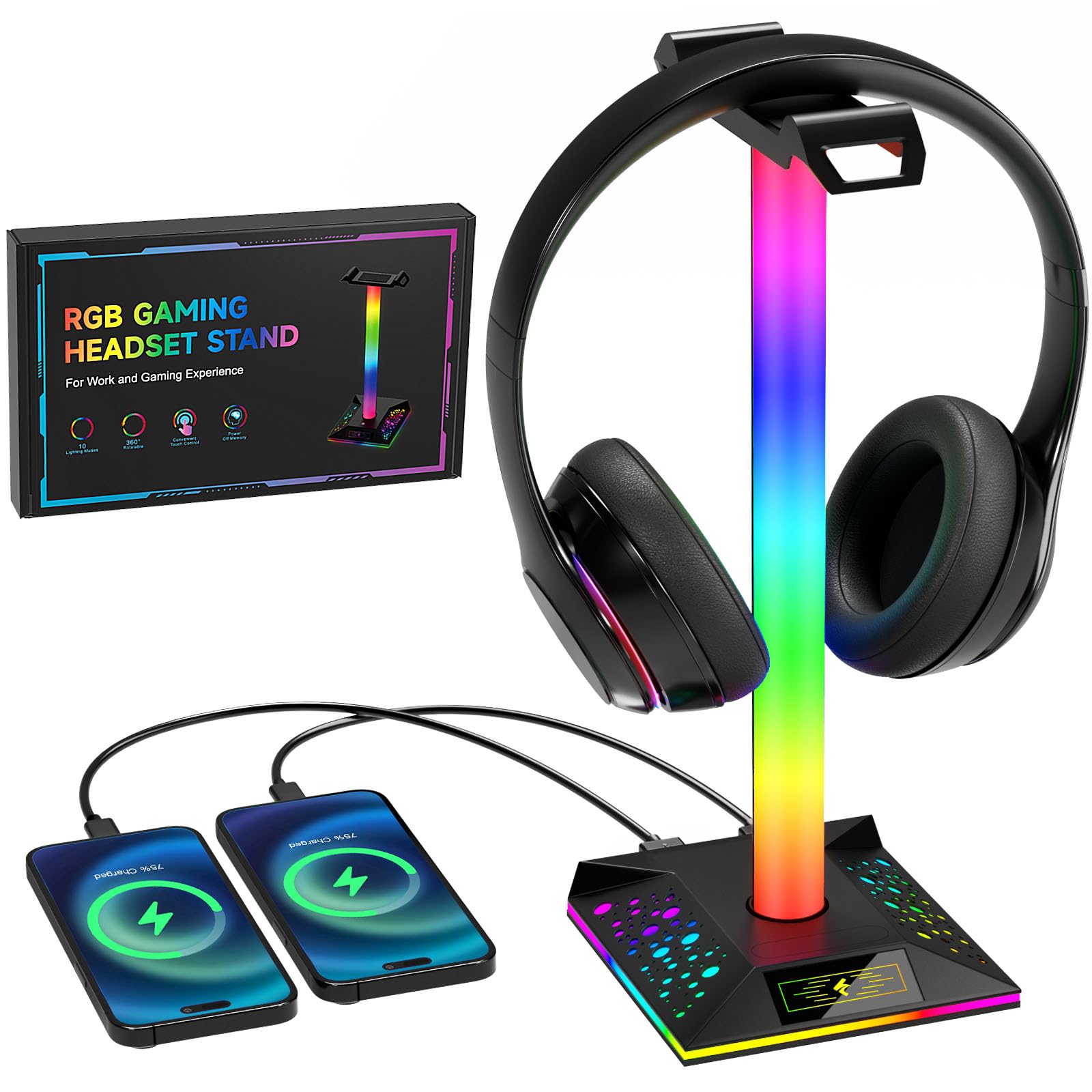 HCMan RGB LED Gaming Headset Stand with 2 USB Chargers - Premium Headphone Holder for PC Desk Accessories | Perfect for Gamers, Streamers & Home Office Setup