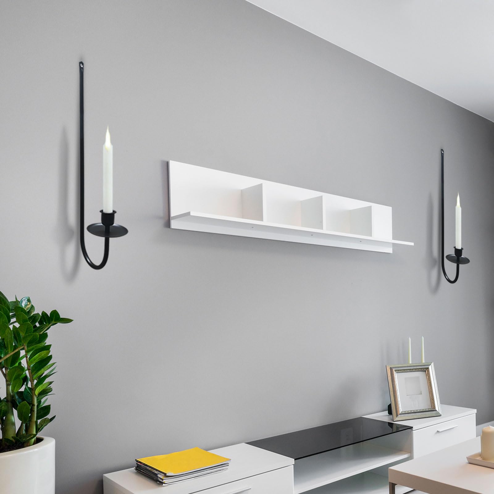 Black Metal Wall Candle Sconce Holder Set of 2 - Modern Farmhouse Hanging Candle Holders for Living Room, Fireplace, Wedding Decor - 16.5