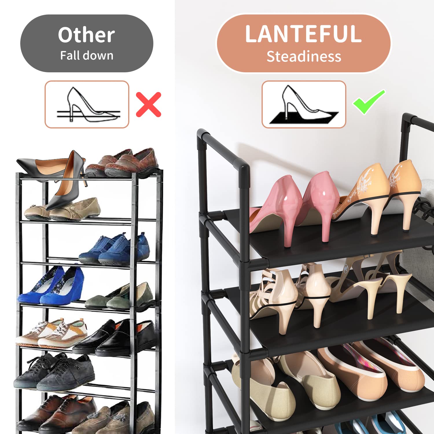 10-Tier Tall Shoe Rack for 20-25 Pairs | Sturdy Narrow Boot Organizer with Hooks | Space-Saving Entryway & Closet Storage Shelf (Black) | Perfect for Small Apartments, Dorm Rooms & Mudroom Organization