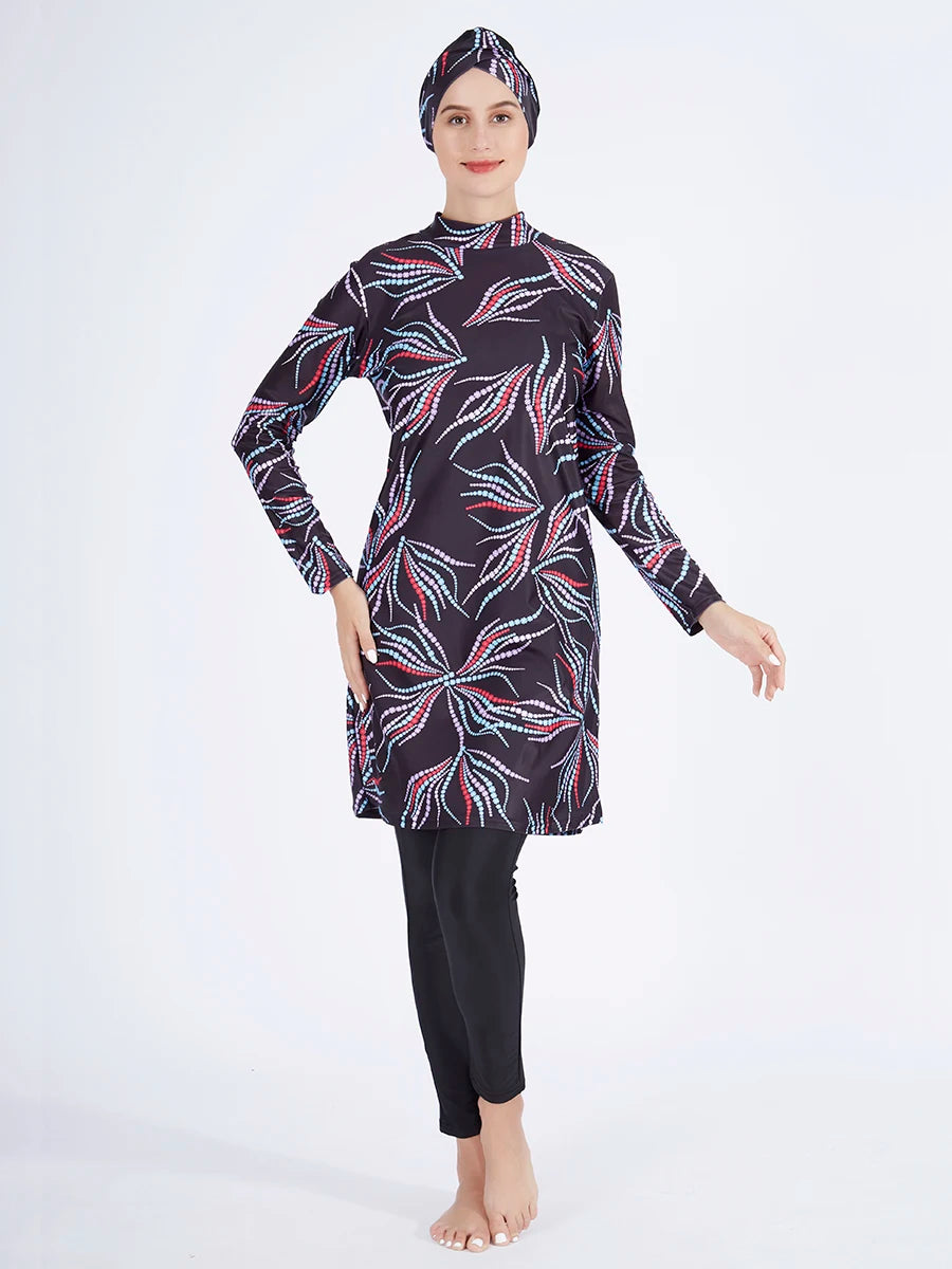 3PCS Women's Printed Hijab Long Sleeve Burkini Swimwear Set - Modest Swimwear for Muslim Women - Perfect for Beach, Pool & Water Sports