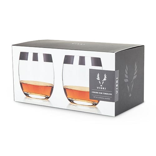 Premium True Fabrications Viski Chrome Rim Tumblers Set of 2 - Elegant Whiskey Glasses for Home Bar, Cocktail Parties & Gifts
