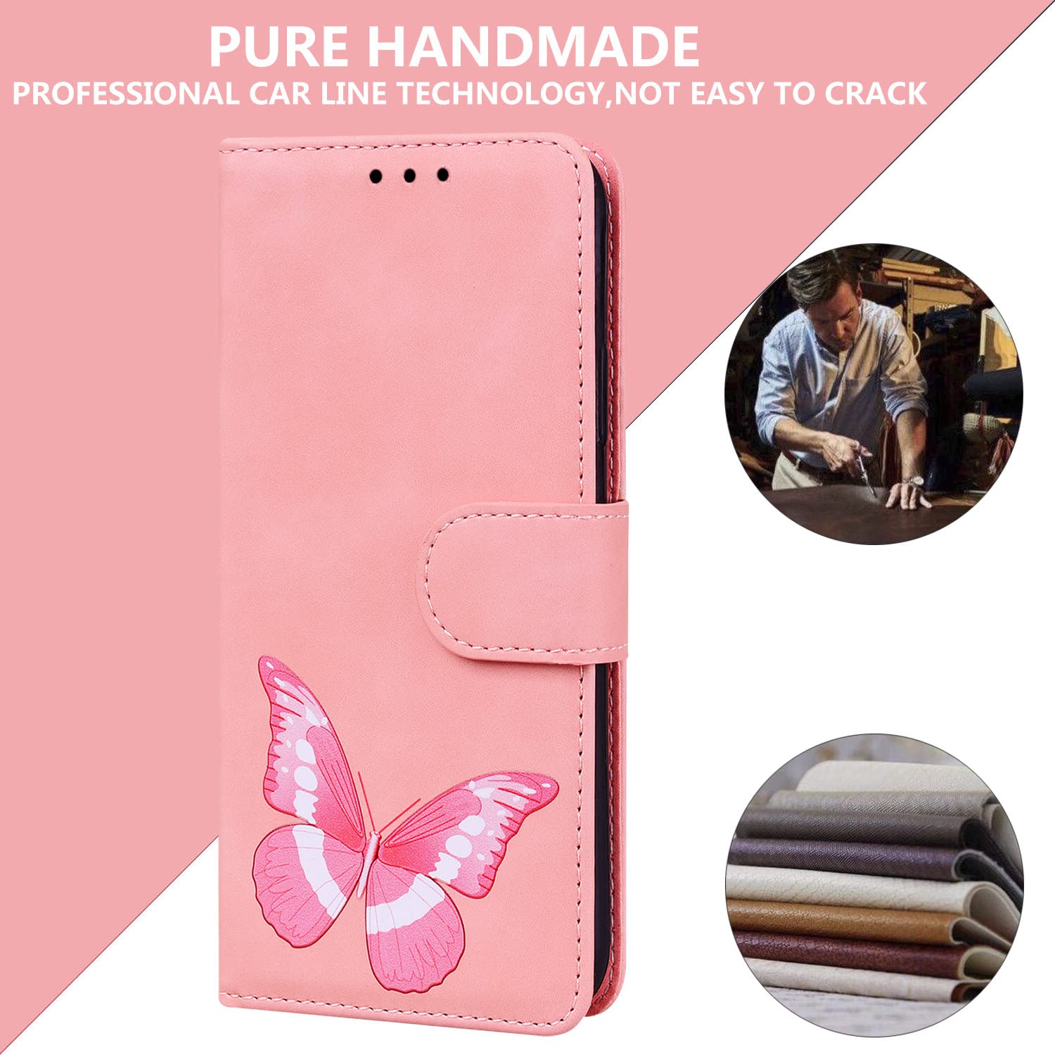 Premium Butterfly Design Flip Kickstand Magnetic Buckle Wallet Case for Oppo A33/A53 - Soft Touch Pink Cover with Card Slots | Perfect for Work, Travel & Daily Protection