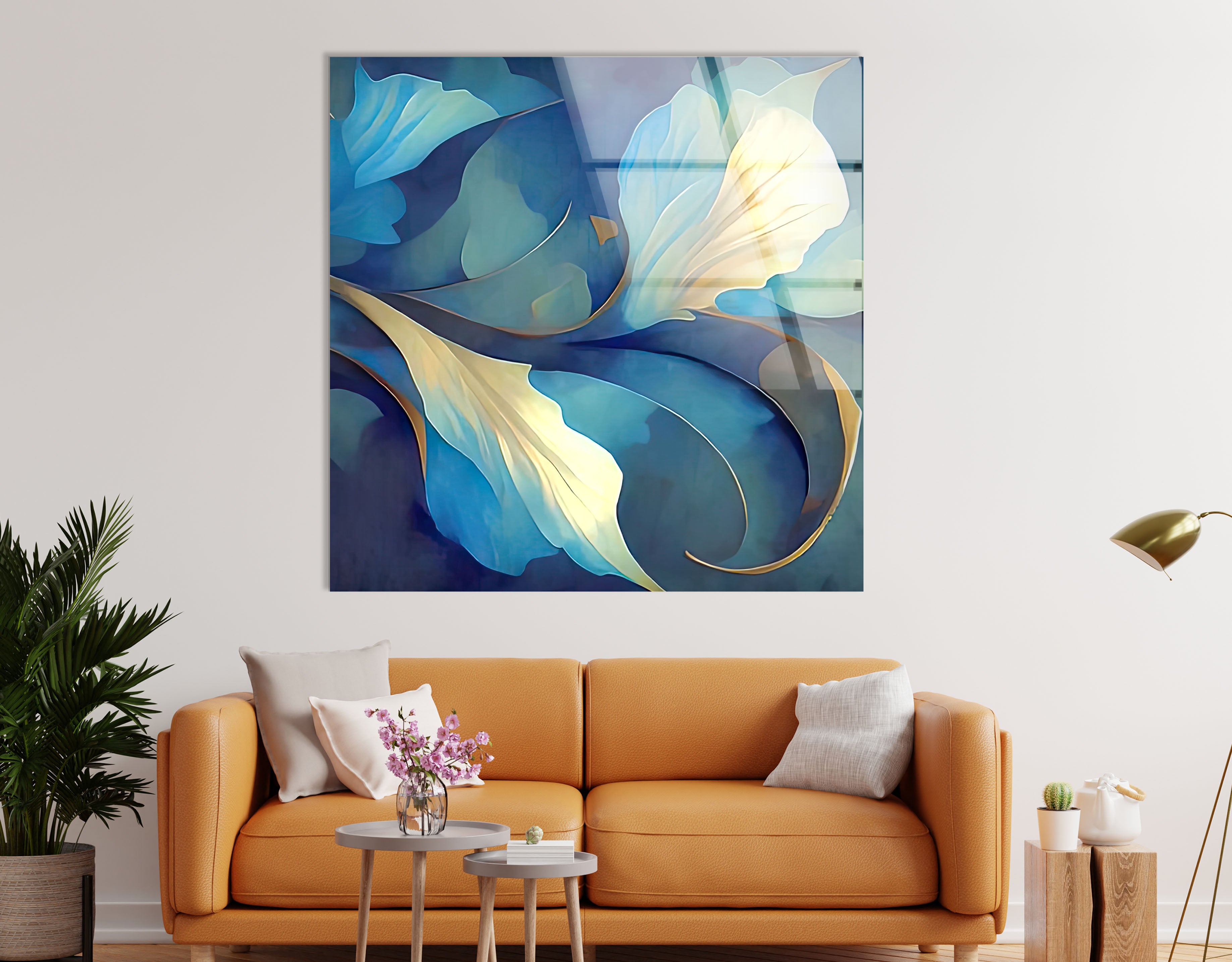 Blue Bloom Wall Art - Elegant Floral Glass Print for Living Room, Bedroom & Office Decor | Modern Home Interior Design
