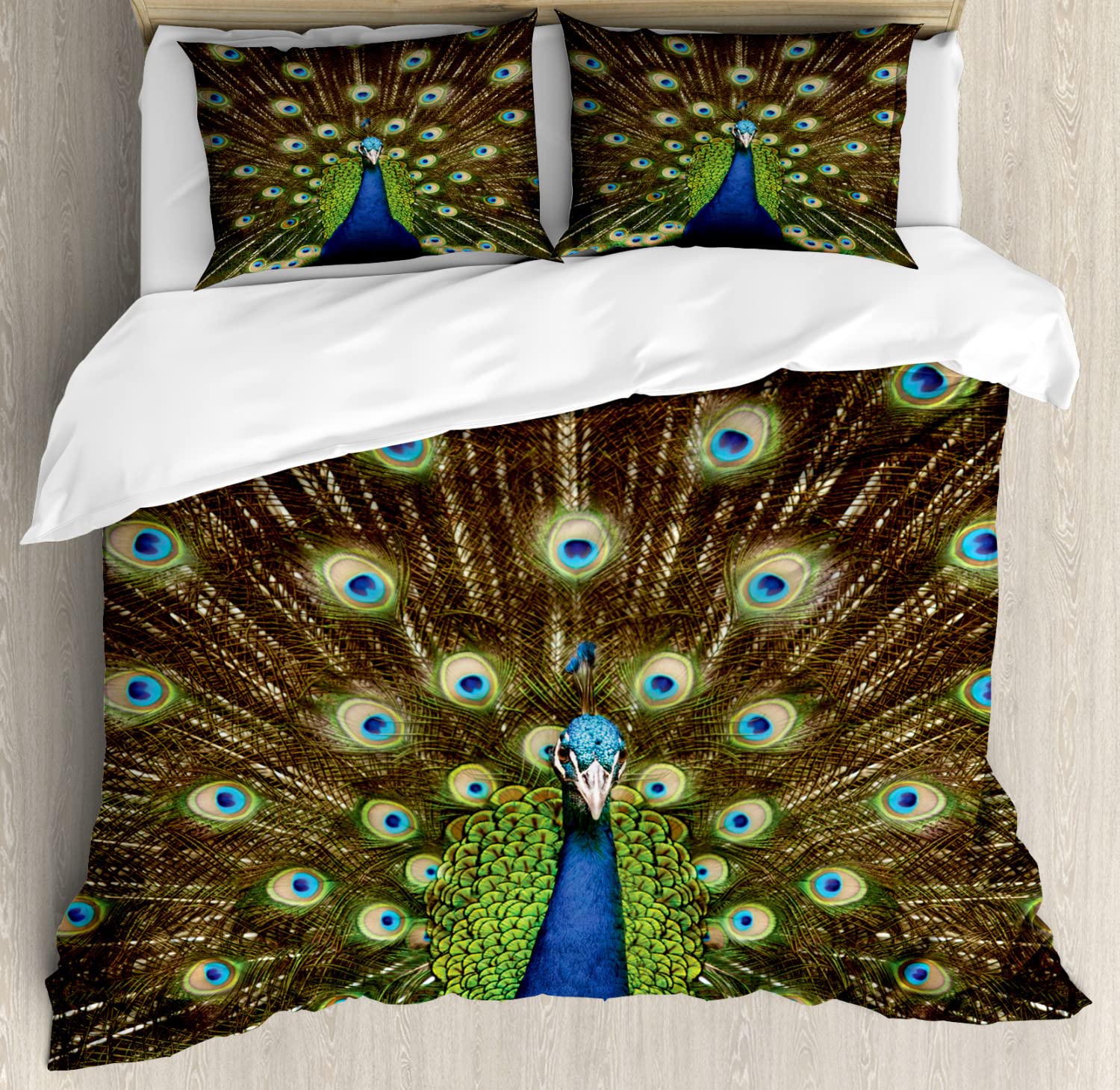 Ambesonne Peacock Duvet Cover Set - Vibrant Animal Feather Print Queen Size Bedding (2 Duvet Covers + 4 Pillowcases) in Navy Blue, Green & Brown - Perfect for Summer Bedroom Decor & Bohemian Style Home