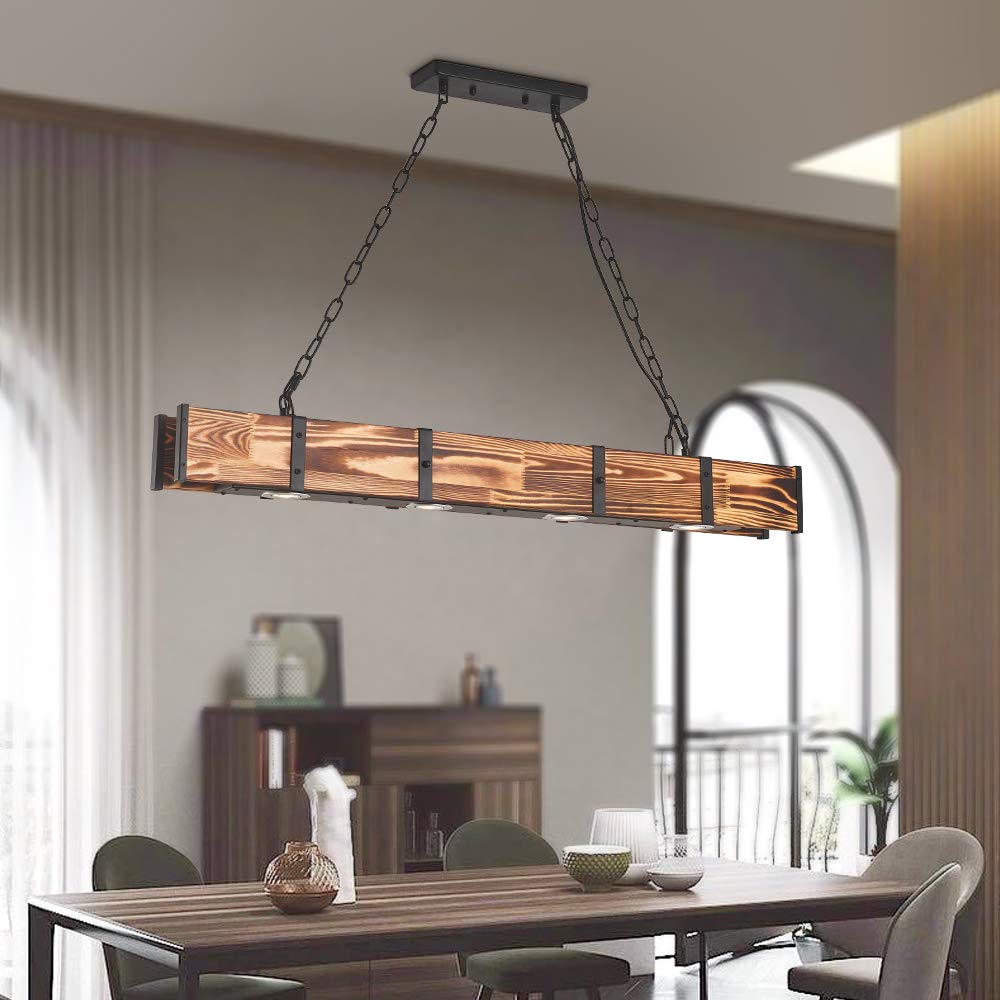Maxax 4-Light LED Kitchen Island Pendant Light - 4000K Farmhouse Linear Chandelier with Rustic Wood Grain Finish (39.3