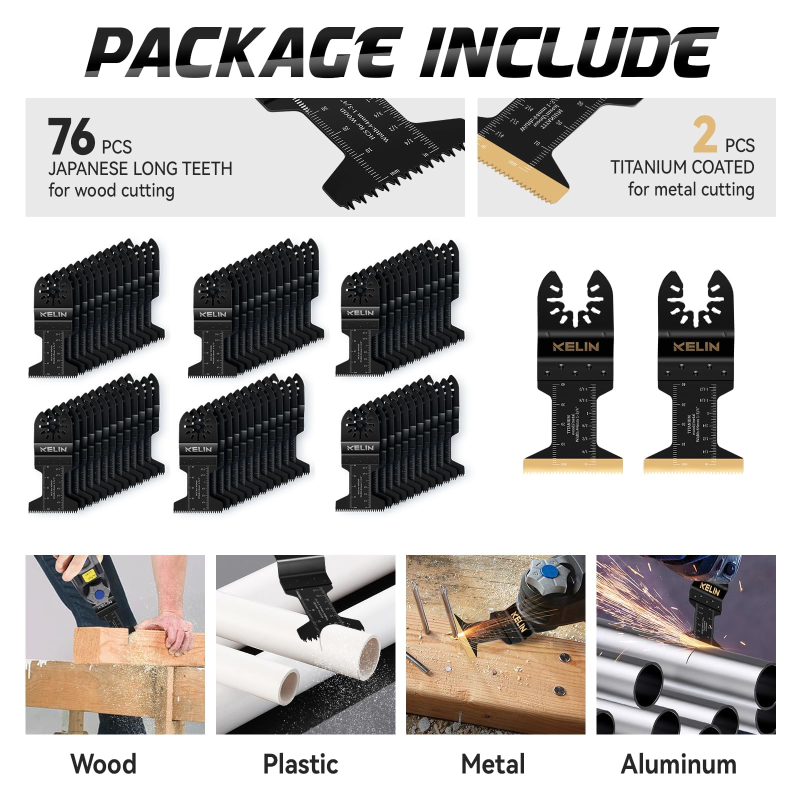 KELIN 78-Piece Oscillating Tool Blade Set with Japanese Long Teeth for Wood Cutting - High Efficiency Multitool Blades, Universal Quick Release Oscillating Saw Blades Kit Includes 2 Titanium Blades & Sanding Pad - Perfect for DIY Projects, Home Renovation, and Professional Woodworking
