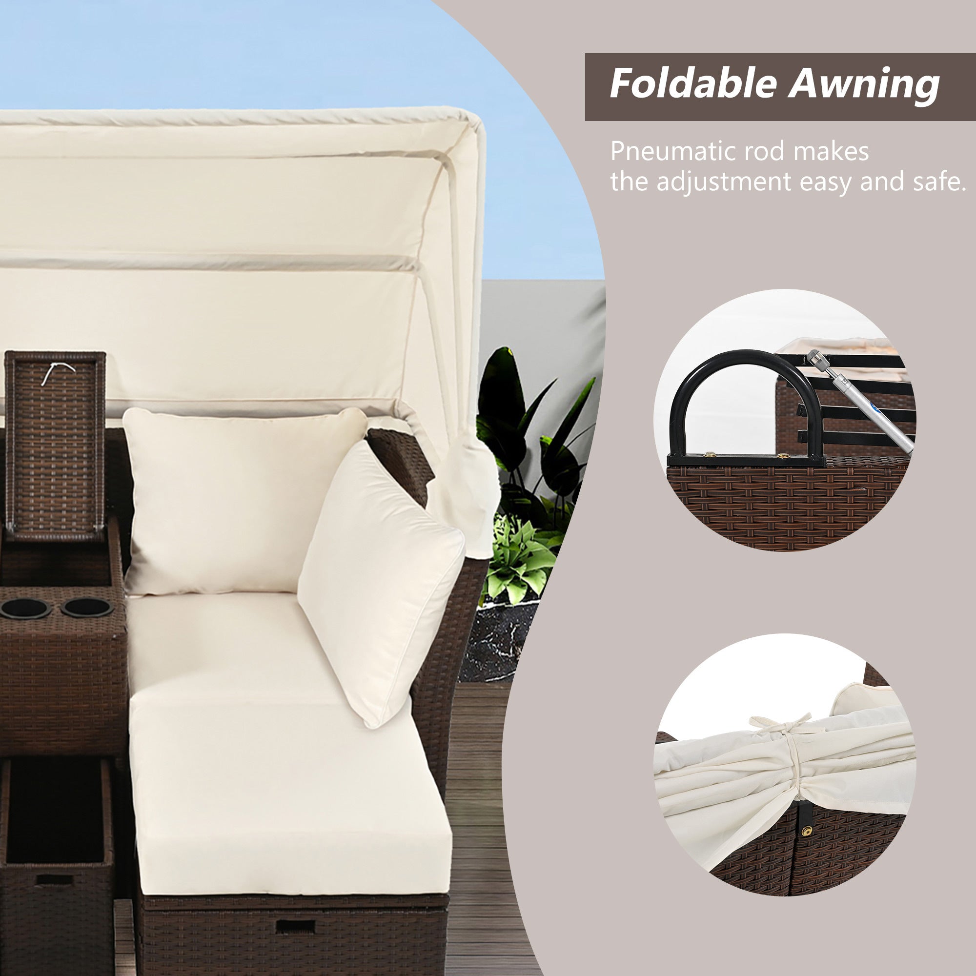 2 Seater Outdoor Patio Daybed with Foldable Awning & Cushions - Double Loveseat Sofa Set for Garden, Balcony, Poolside - Perfect for Relaxing, Sunbathing & Outdoor Lounging (Beige)