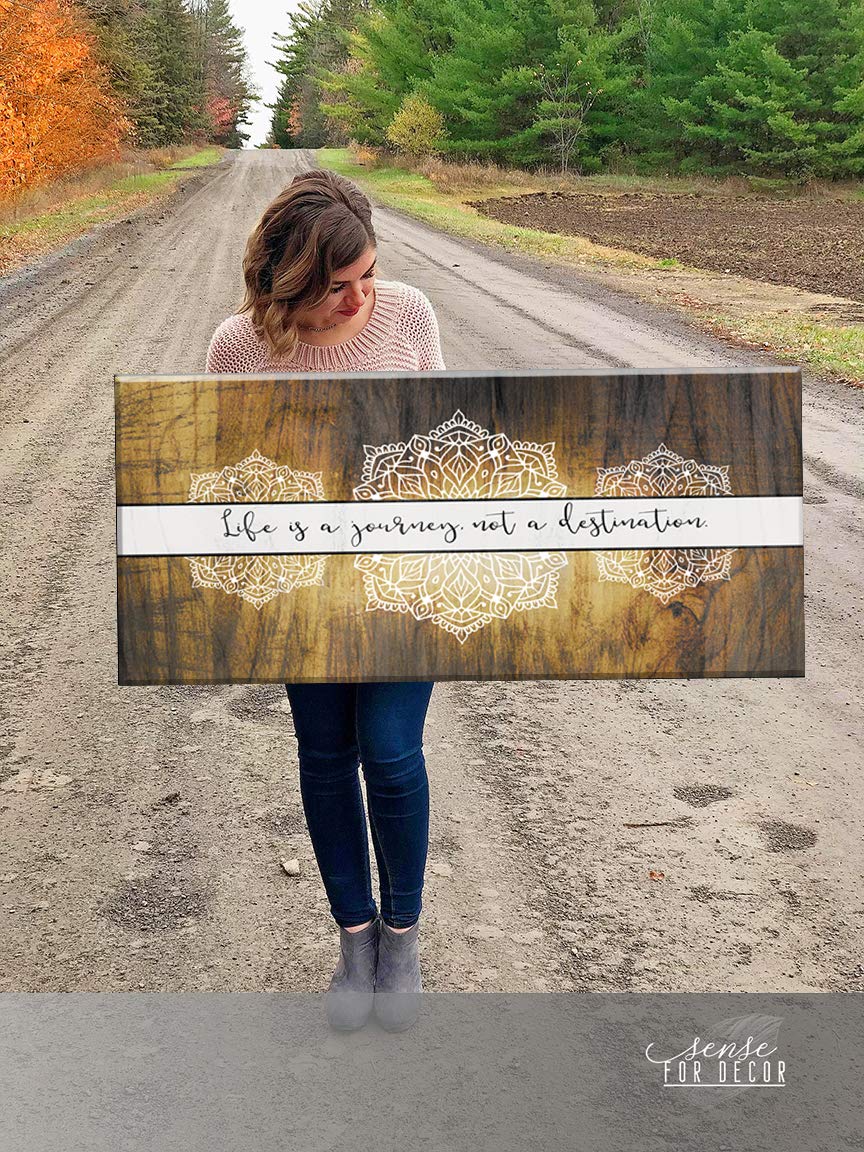 Boho Life Is A Journey Sign - Large Canvas Wall Art with Bohemian Floral Pattern | Modern Home Decor for Bedroom | Framed Yellow Gold Poster (42x19) - Perfect for Bohemian Style Living Room, Bedroom or Office Decor