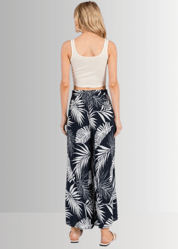 Navy Blue Tropical Palm Print Wide Leg Pants for Women - Comfortable Beachwear & Summer Vacation Outfits - Perfect for Resorts, Vacations and Casual Wear
