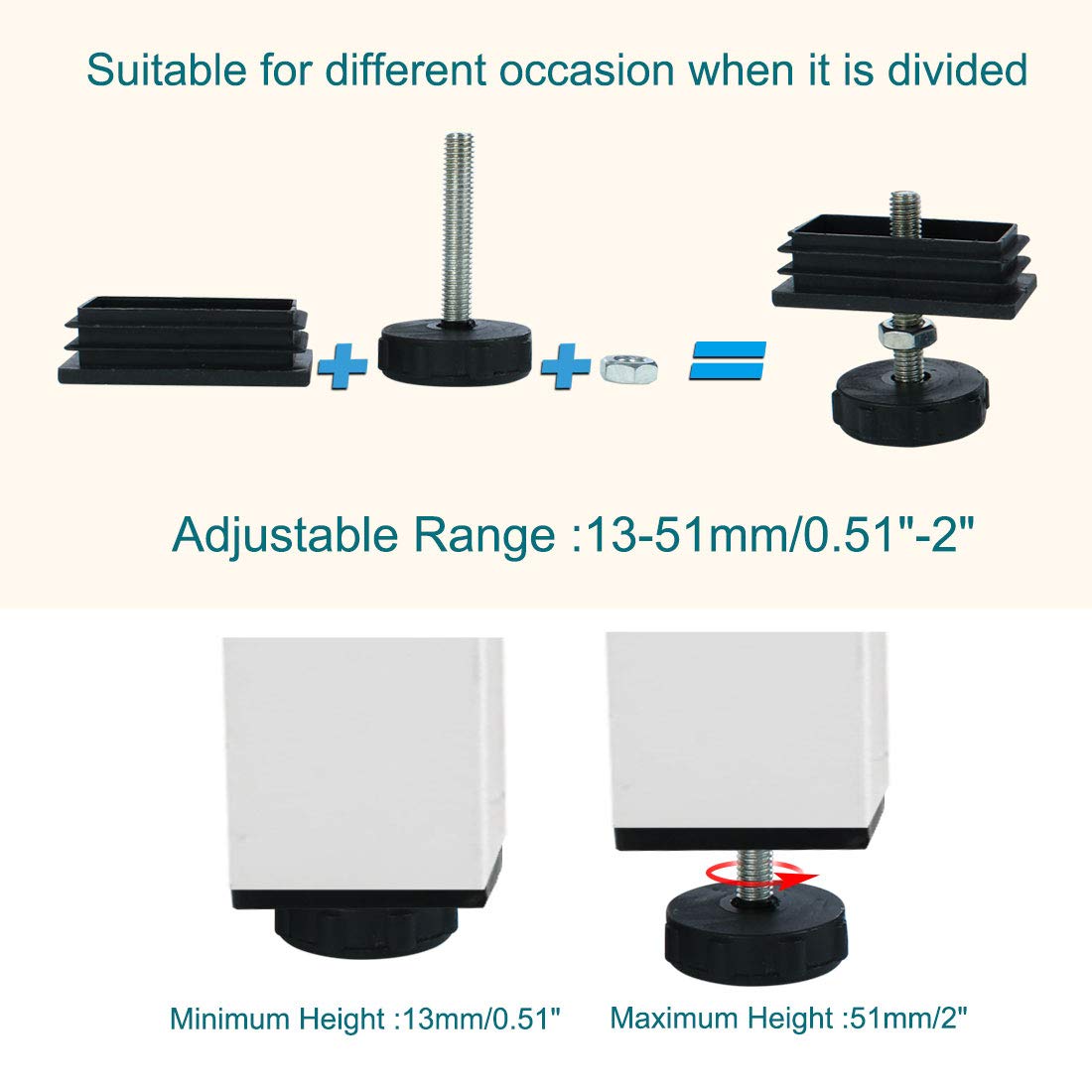 uxcell 30 x 60mm Adjustable Leveling Feet Kit - 4 Sets Rectangle Tube Inserts for Furniture, Table & Desk Legs | Perfect for Home Office, Workshop & Uneven Floor Stabilization