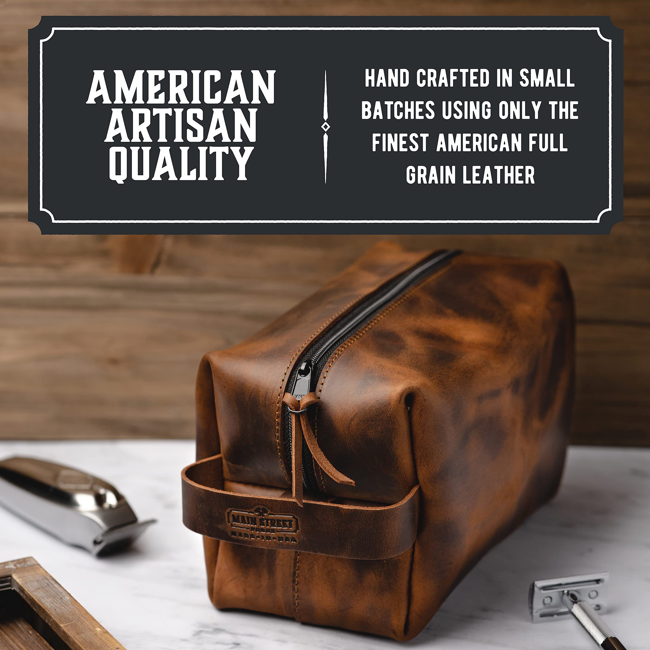 Premium Full Grain Leather Dopp Kit for Men – Travel Toiletry Bag for Shaving Essentials & Grooming Accessories | Made in USA | Compact & Lightweight Bathroom Organizer | Perfect for Business Trips, Gym & Weekend Getaways