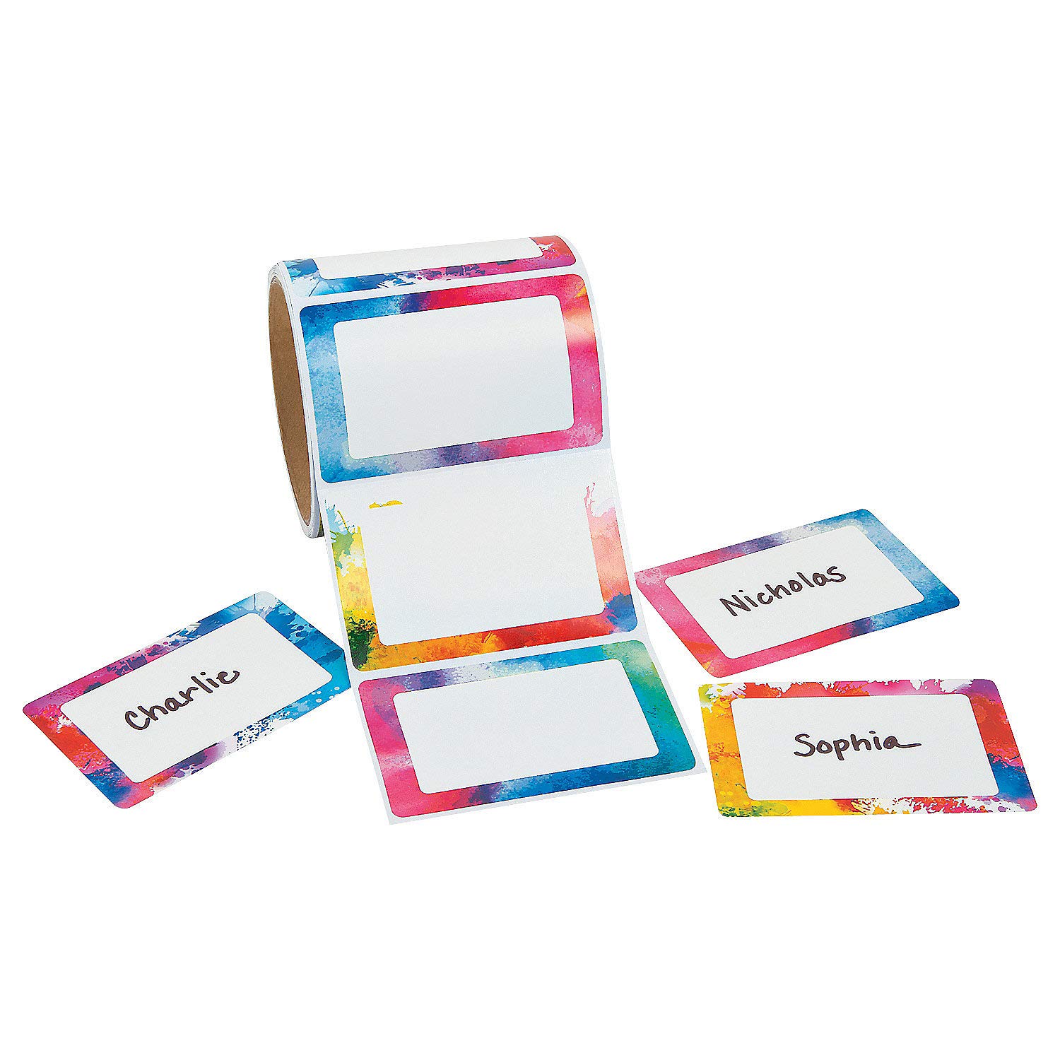 Fun Express Watercolor Name Tags - 100 Pieces - Colorful DIY Labels for Kids Classroom, Birthday Parties & School Activities - Perfect for Teachers & Parents