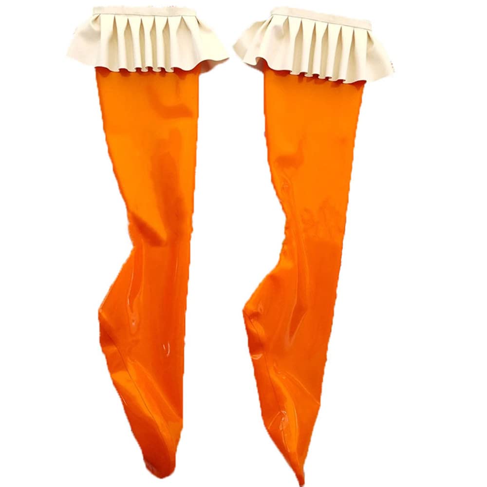 Sexy Latex Stockings for Women - Orange Rubber Thigh Highs with White Lace Trim | Perfect for Dance, Cosplay & Fetish Wear
