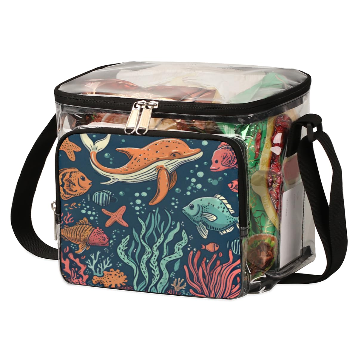 GzLeyigou Clear Transparent Tote Bag with Handles - Ocean Whale Fish & Sea Coral Design, Crossbody Shoulder Bag for Lunch, Beach, Travel, Picnic, Concerts & Sports Events | Stadium Approved Multipurpose Bag for Women & Men | Perfect for Outdoor Activities, Shopping & Daily Use