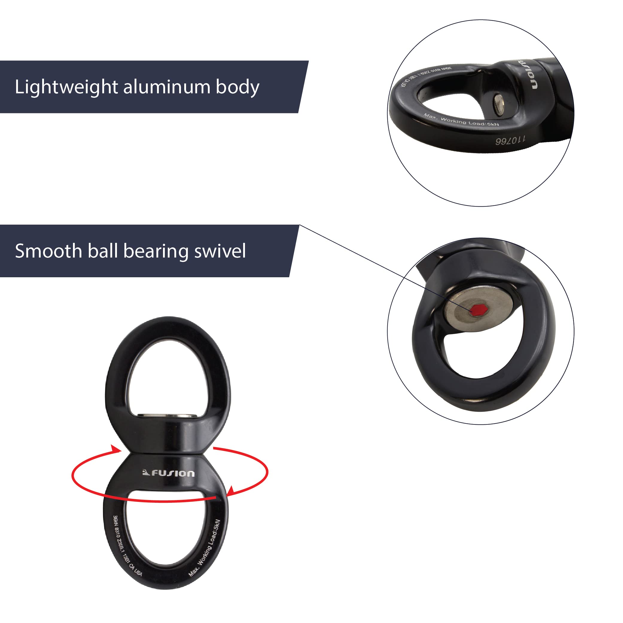 Fusion Climb Delta Swivel - 360° Rotational Hanging Device for Tree Swing, Therapy Swing, Aerial Yoga, Hammock & Rock Climbing | Heavy-Duty Safety Accessory | Perfect for Outdoor Play, Fitness Training & Relaxation (FP-8300-BLKBLK)