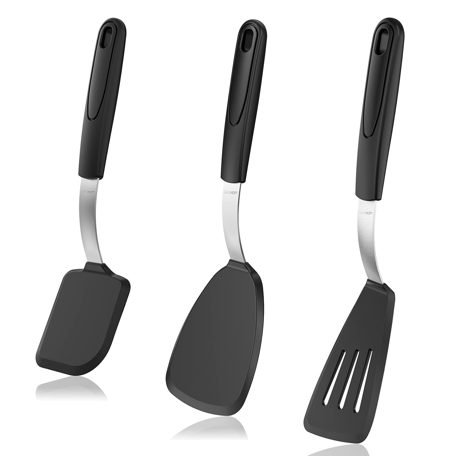 GEEKHOM 3-Piece Silicone Spatula Set - 600°F Heat Resistant, Non-Scratch Kitchen Utensils for Nonstick Cookware | Flexible Slotted Turner for Fish, Eggs & Pancakes | Perfect for Baking, Flipping & Cooking