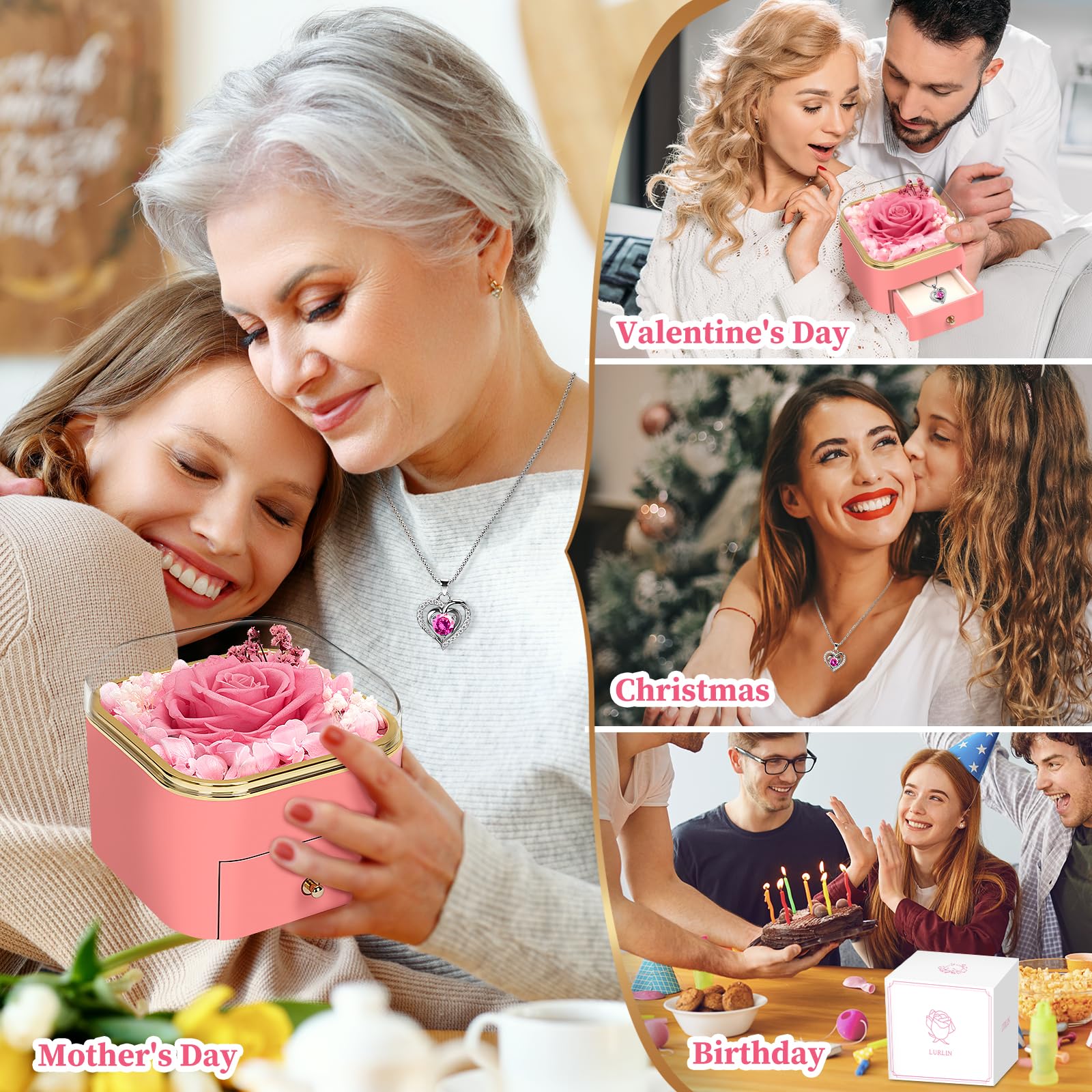 LURLIN Preserved Rose Gift Box with Necklace - Eternal Birthday, Anniversary, Mother's Day Gift for Women, Mom, Wife, Grandma, Teacher, Nurse | Perfect for Special Occasions & Home Decor