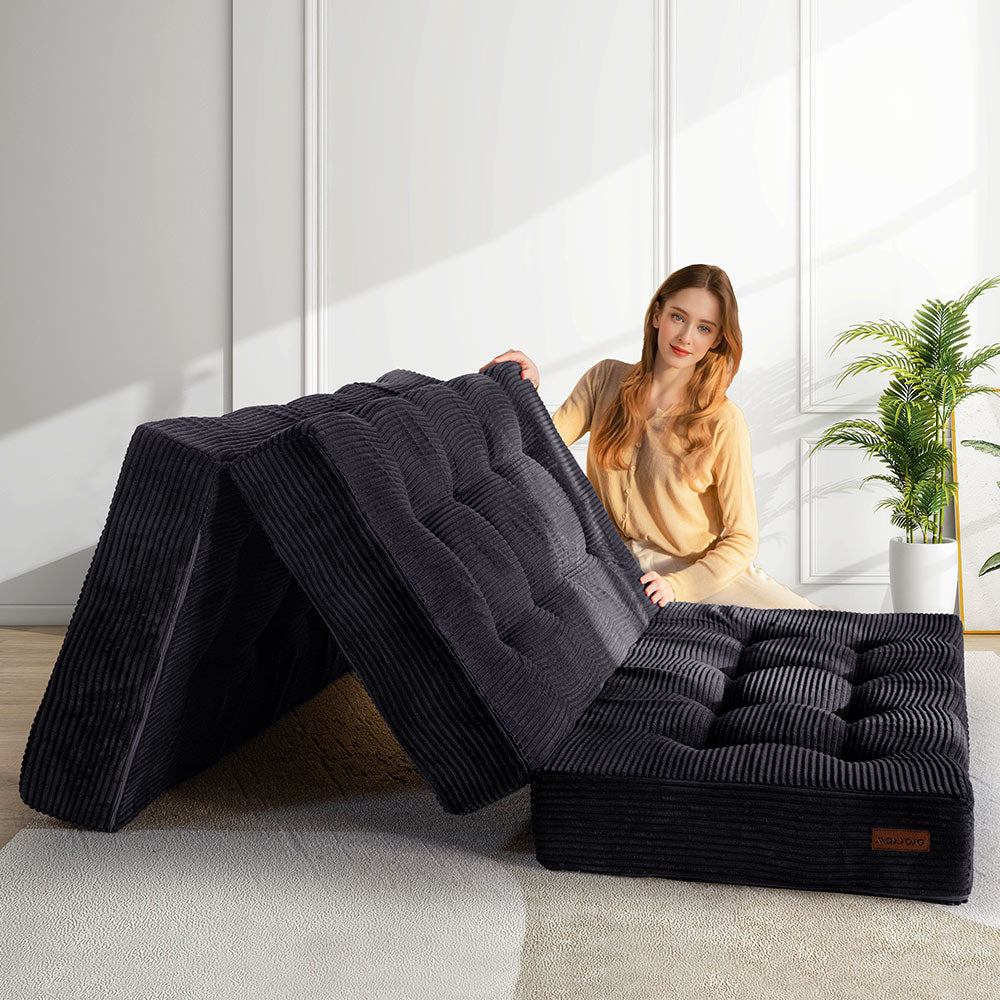6 Inch Tri Fold Mattress - Full Size Tufted Foam Folding Bed with Corded Fabric | Portable Guest Bed, Camping Mattress & Space Saving Solution (Black)