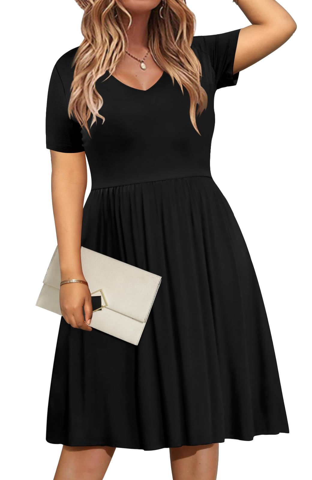 DB MOON Women's Plus Size Summer Casual Dress 2025 - V Neck Short Sleeve Knee Length Dress with Pockets (XL) | Perfect for Beach Outings, Picnics & Summer Vacations