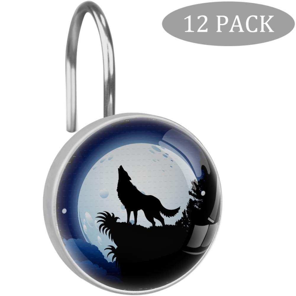 12 Pack Wolf Howling at Moon Silhouette Crystal Shower Curtain Hooks - Stainless Steel Bathroom Decor for Gothic, Nature & Celestial Theme Bathrooms - Perfect for Full Moon Parties, Wolf Lover Gifts & Spa Retreat Decor
