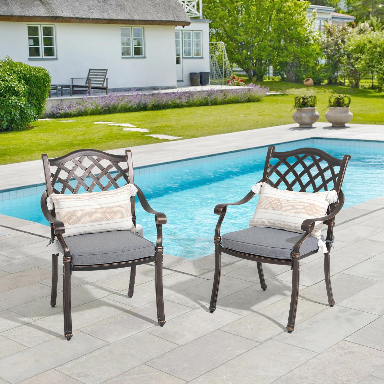 JOIVI 2-Piece Cast Aluminum Patio Chairs Set with Cushions & Armrests - Outdoor Dining Metal Chairs for Garden, Backyard, Lawn or Indoor Use - Durable Lattice Design for Relaxing & Entertaining