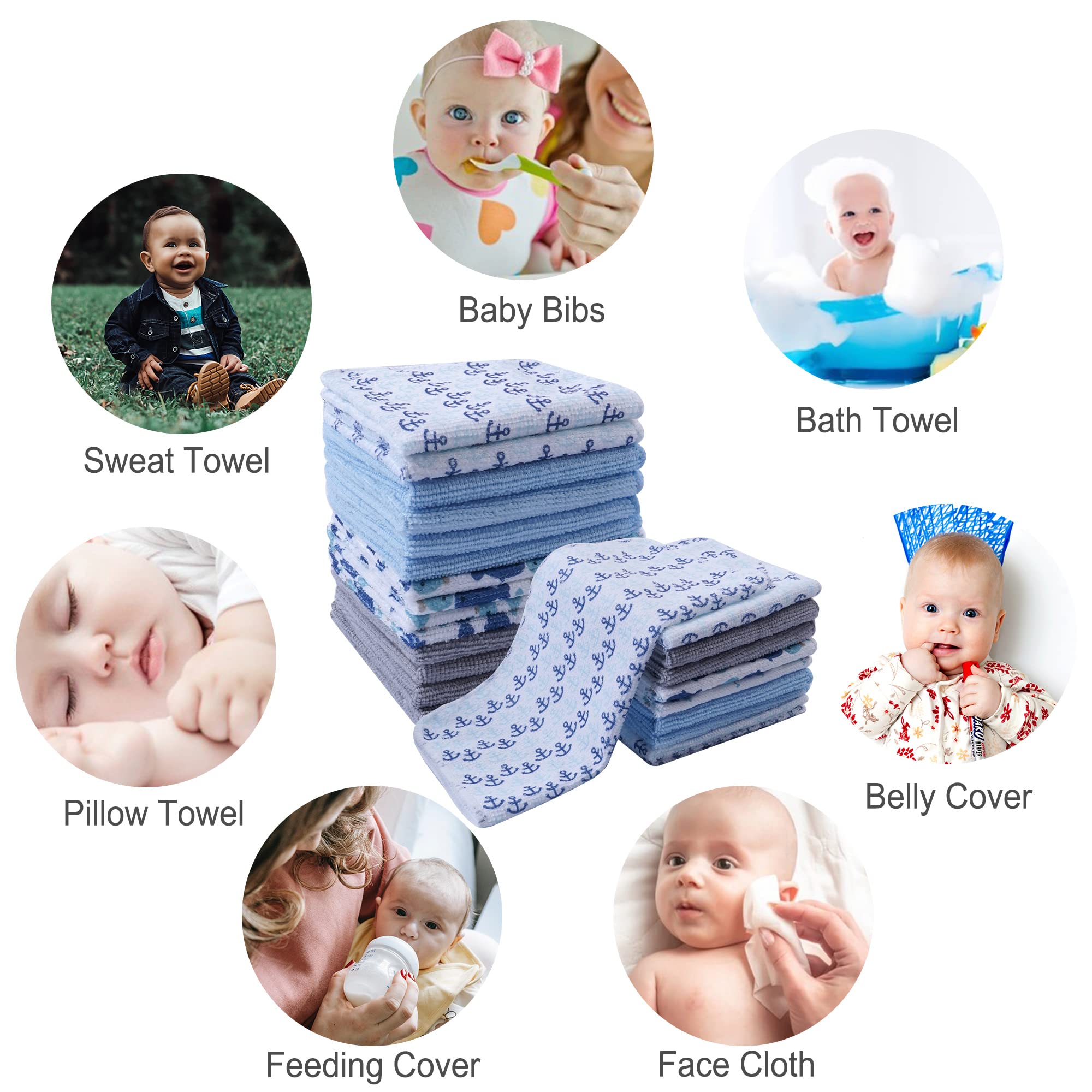 24-Pack Ultra Soft Baby Washcloths - Extra Absorbent & Gentle for Sensitive Skin | 9x9 Inch Whale & Anchor Design | Unisex Face & Body Towels for Boys & Girls | Perfect for Bath Time, Diaper Changes & Gentle Skin Care