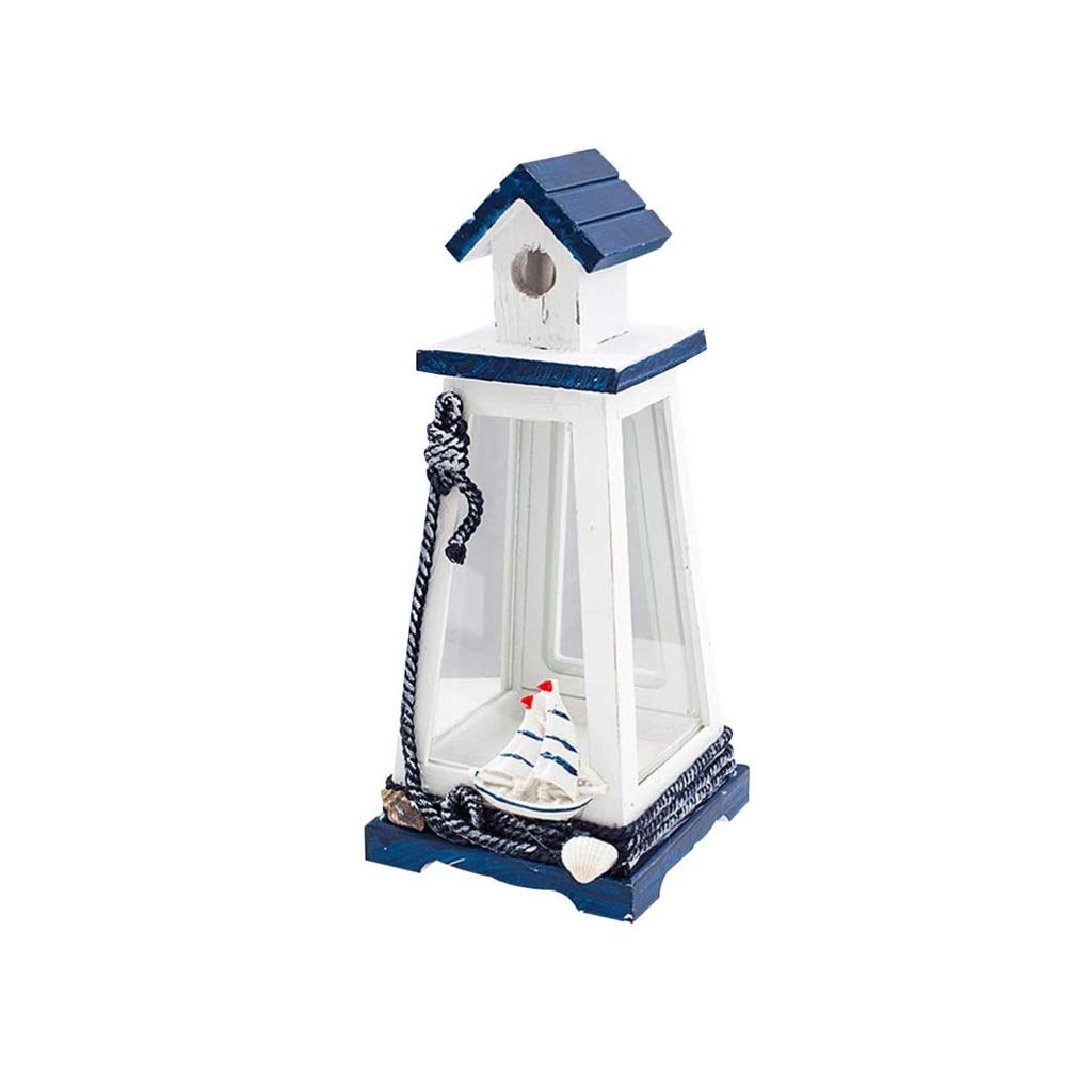 ZLBYB Mediterranean Style Lighthouse Iron Candle Holder - Blue & White Vintage Home Decor with Round Hole Design - Perfect for Dining Table Centerpiece, Wedding Decor, and Coastal Themed Interior Design