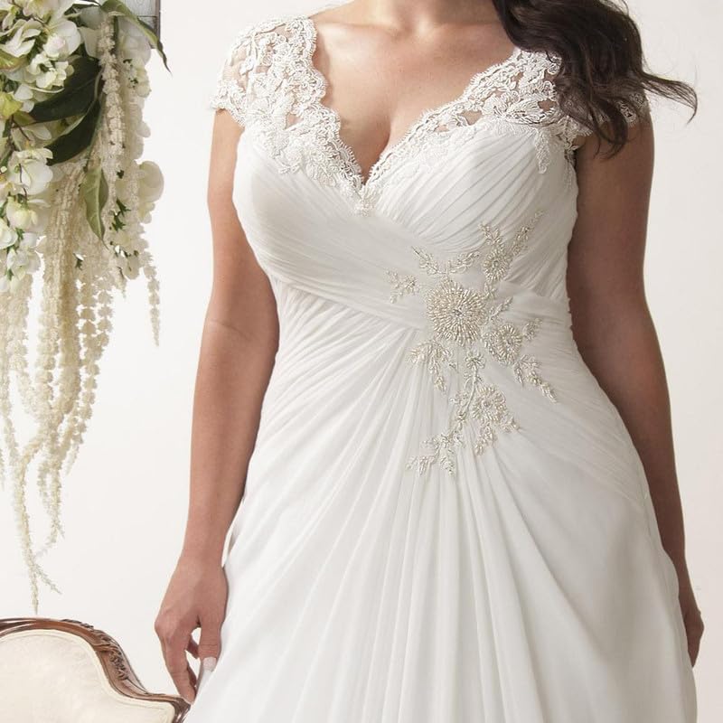 Elegant Applique Lace Wedding Dresses for Women - V Neck Plus Size Beach Bridal Gowns for Bride | Perfect for Beach Weddings, Destination Ceremonies & Romantic Photos