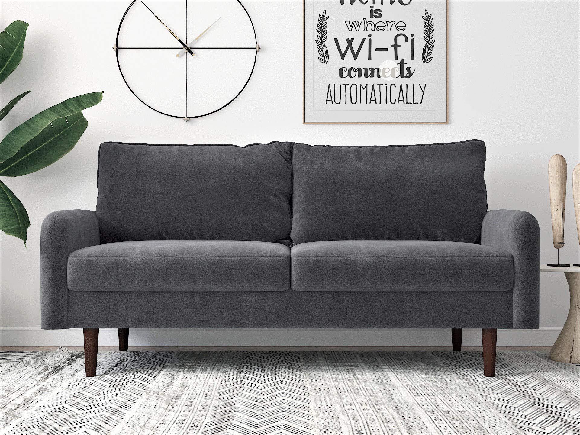 Americus Velvet Upholstered Sofa and Loveseat Set - Mid Century Modern Living Room Couches with Wooden Base, 2-Piece Gray Sectional for Small Spaces & Apartments - Perfect for Cozy Family Gatherings & Movie Nights