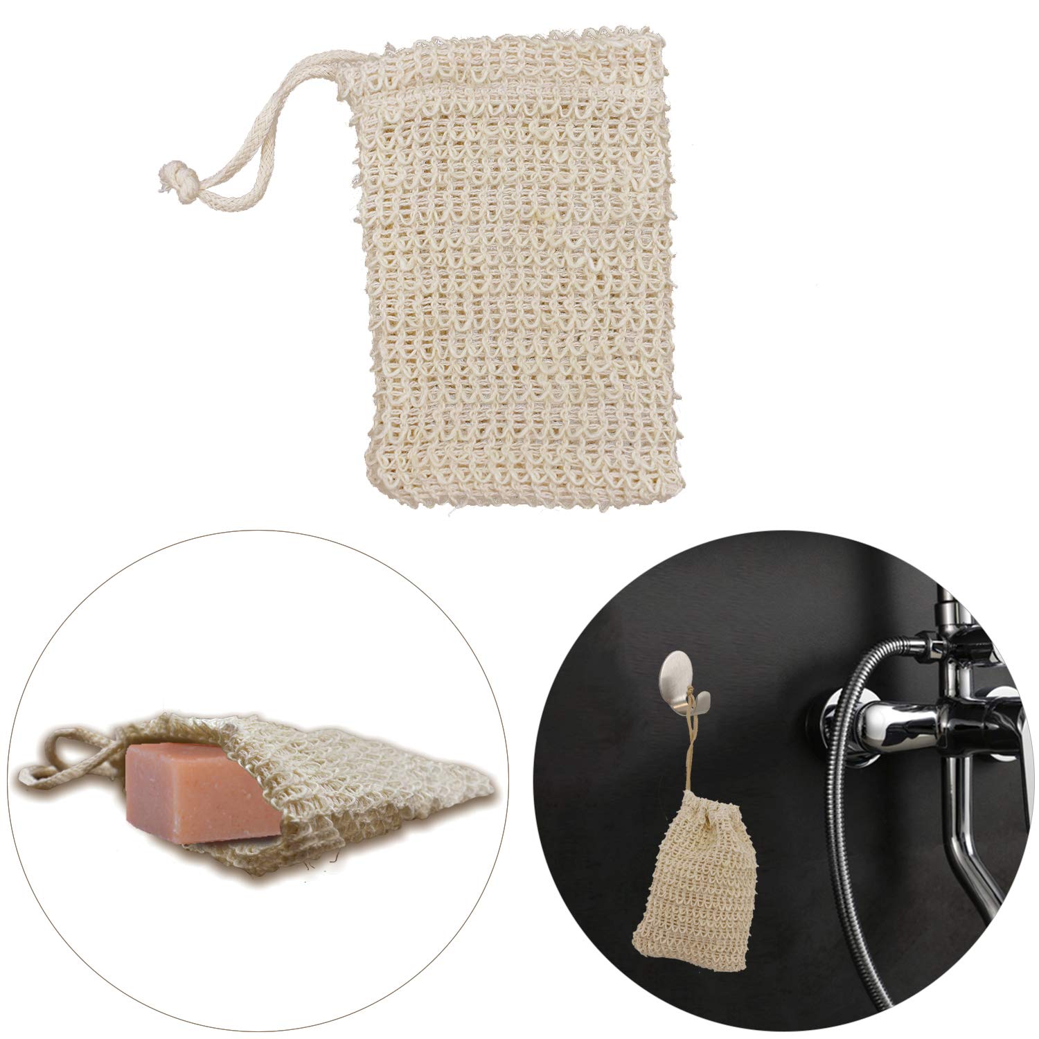 Natural Exfoliating Soap Bag with Drawstring & Wooden Bead Holder - Loofah Pouch for Shower & Bath - Organic Soap Saver for Spa, Travel & Eco-Friendly Skincare