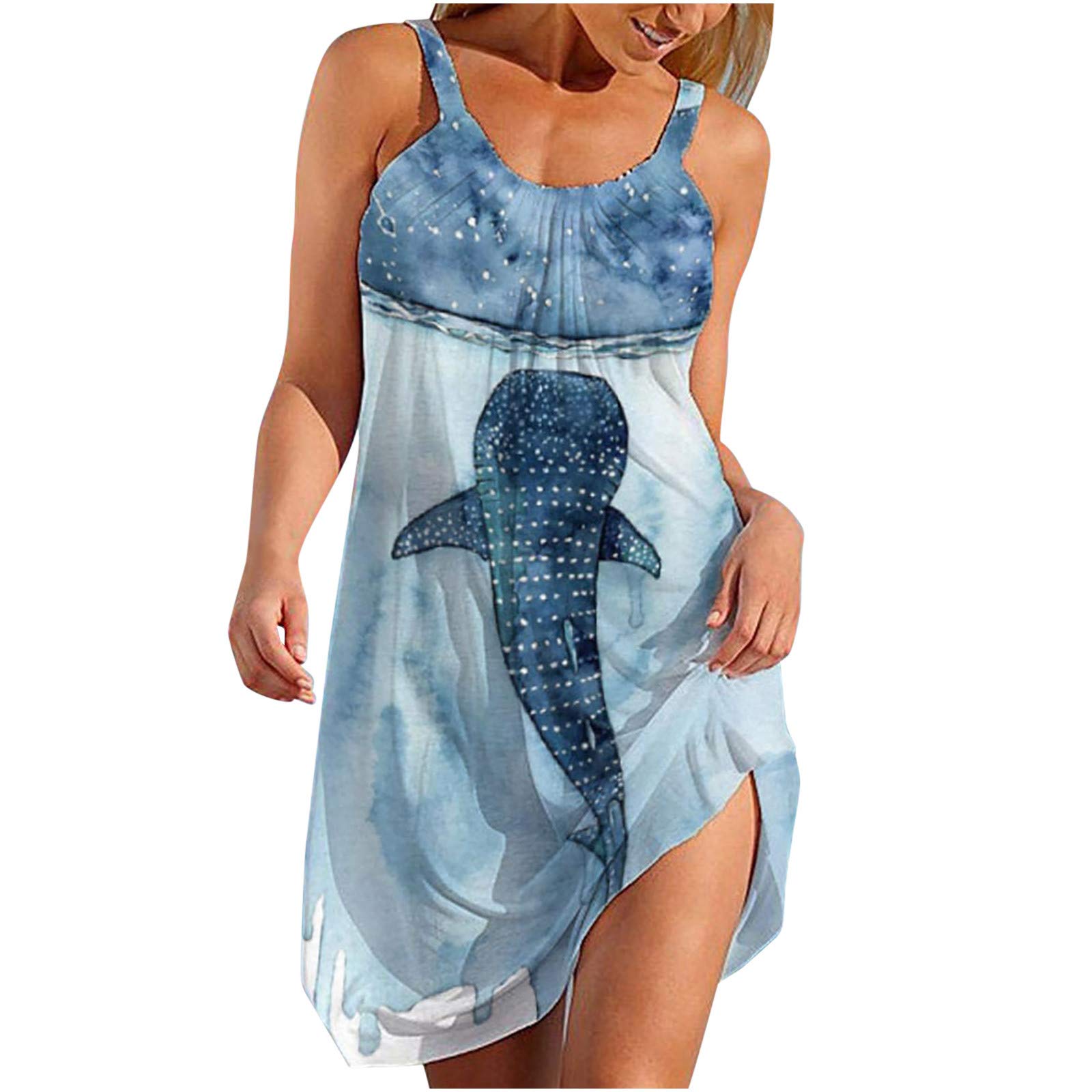 Elegant MORECON Women's Sexy Sleeveless Marine Life Print Beach Wedding Dress - Blue 08 | Perfect for Beach Weddings, Summer Vacations & Casual Outings