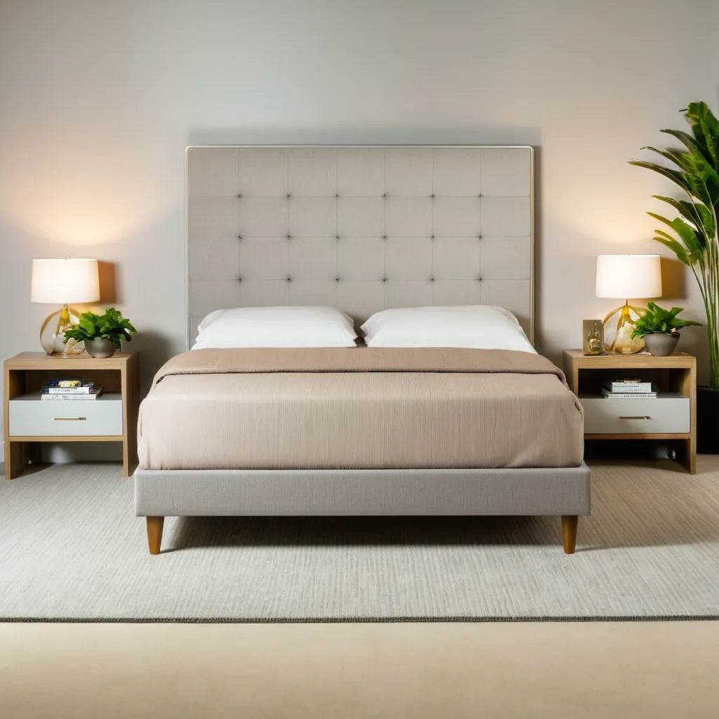 Mancini Belgium Fabric Bed Frame - Water Repellent Queen Size Platform Bed with Wooden Slats | Perfect for Modern Bedrooms, Guest Rooms & Apartments