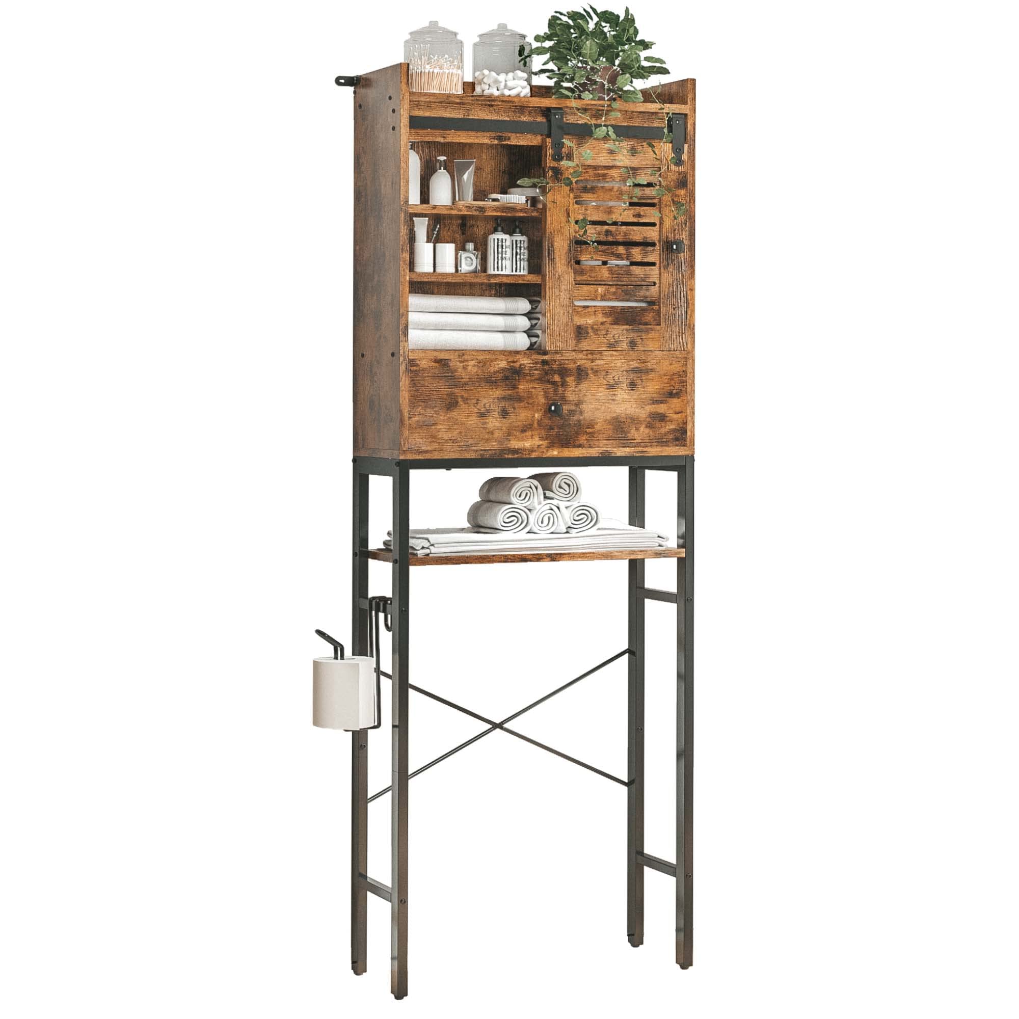 Vintage Brown Over The Toilet Storage Rack with Cabinet & 6-Tier Shelves - Adjustable Bathroom Organizer with Sliding Door, Paper Hook - Space Saving Solution for Small Bathrooms, Apartments & Dorm Rooms