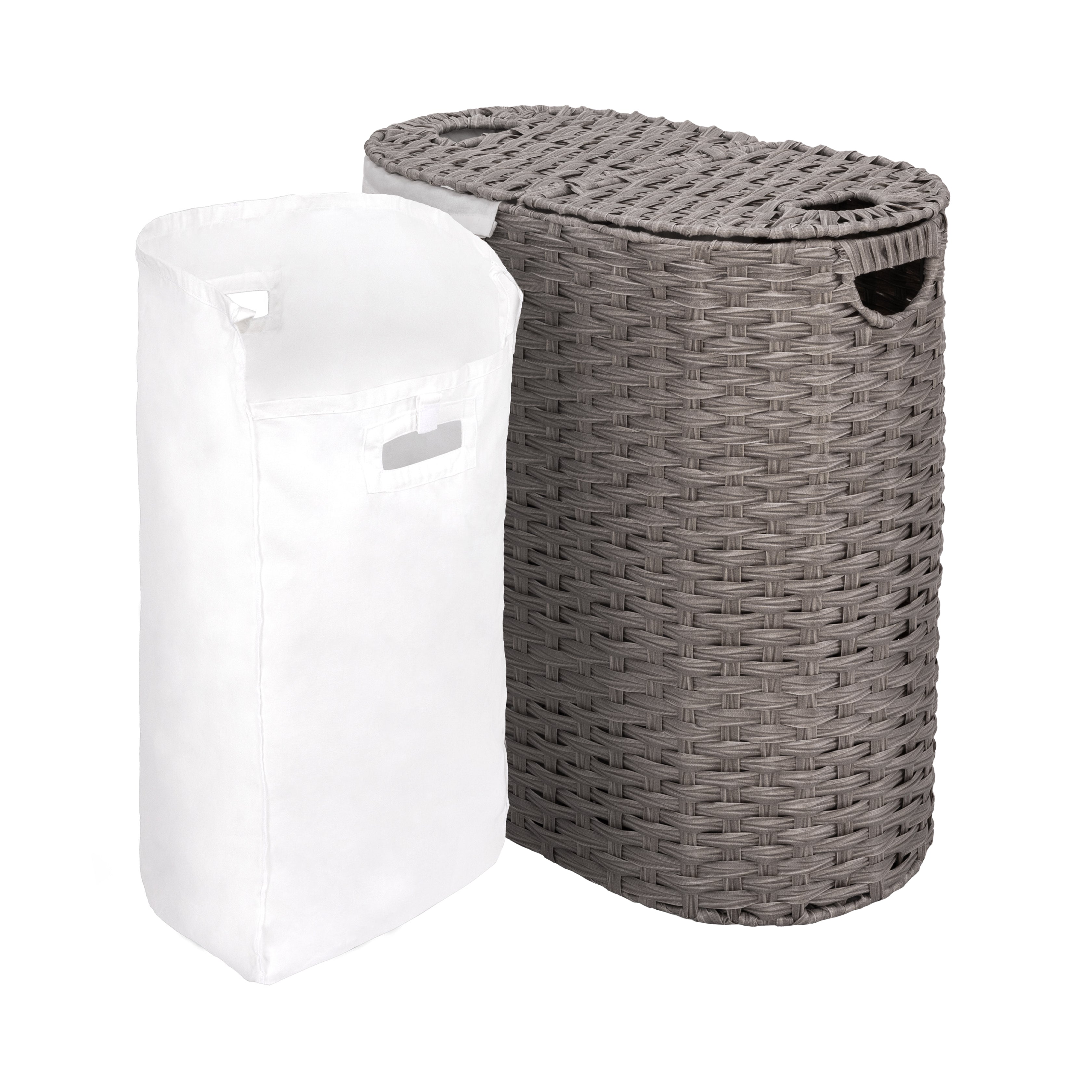 Handwoven Lidded Oval Double Laundry Hamper Basket - Natural Wicker Storage for Bedroom, Bathroom & Laundry Room Organization