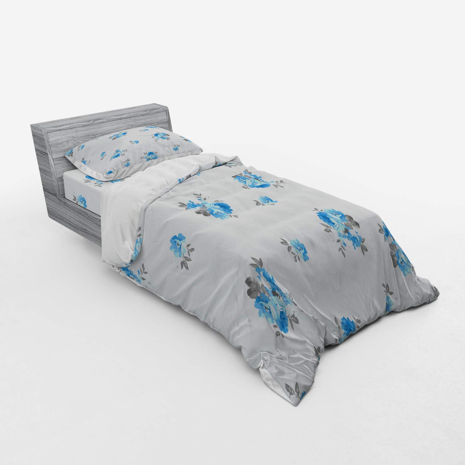 Ambesonne Blue Rose Duvet Cover Set - 3 Piece Twin Size Floral Bedding with Sham & Fitted Sheet, Romantic Spring Design in Blue & Grey - Perfect for Master Bedroom, Guest Room & Spring Home Decor