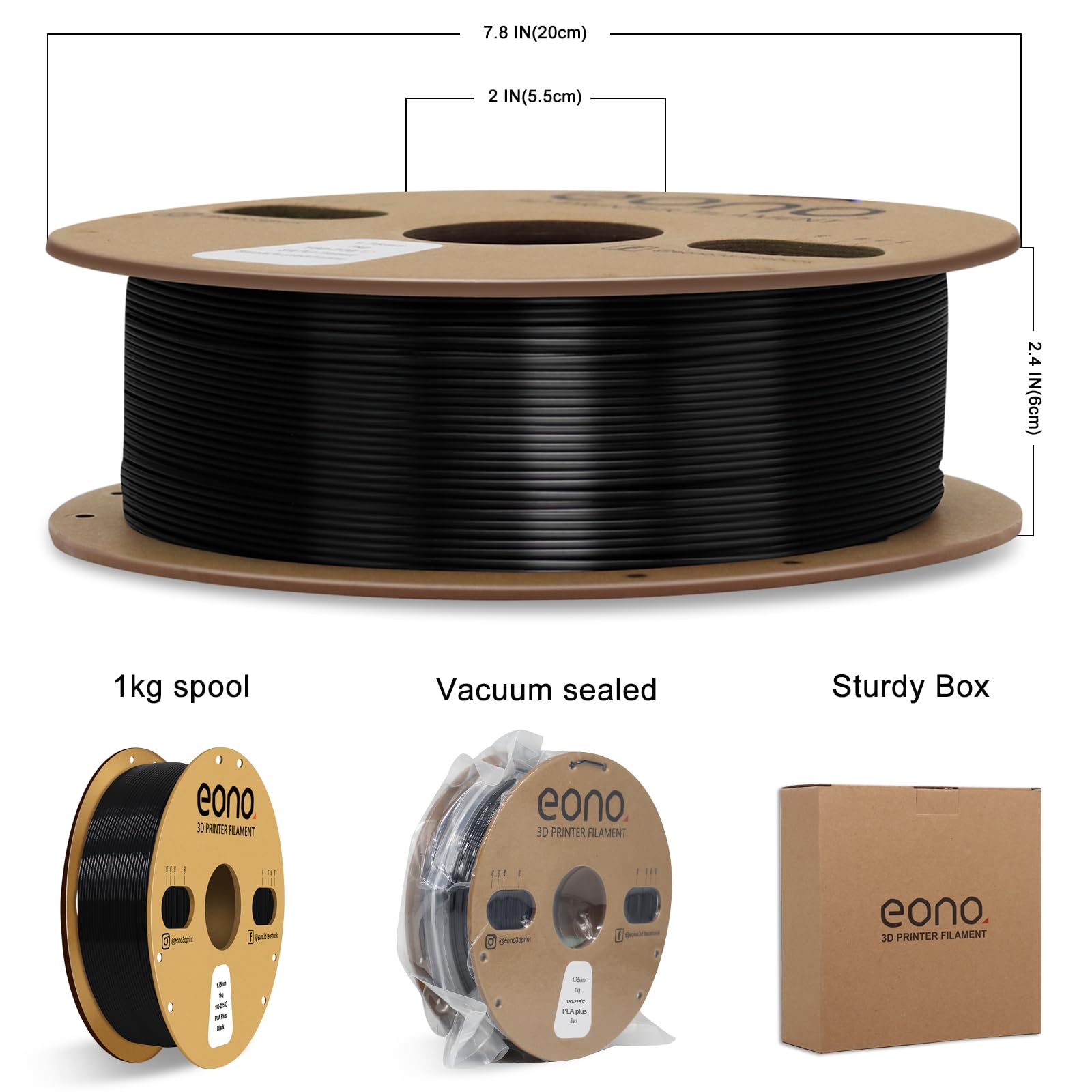 Eono PLA Plus 3D Printer Filament 1.75mm - High Strength PLA+ Filament for FDM 3D Printers & 3D Pens - Premium 1KG Spool (2.2 LBS) with +/- 0.02mm Dimensional Accuracy - Black - Ideal for Prototyping, DIY Projects & Creative Modeling