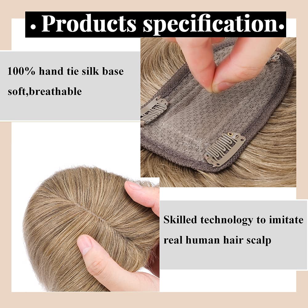 MY-LADY 150% Density Human Hair Toppers With Bangs - 16 Inch Dark Blonde Silk Base Clip-in Hairpiece for Women with Thinning Hair & Hair Loss | Natural Look for Daily Wear, Parties & Special Occasions
