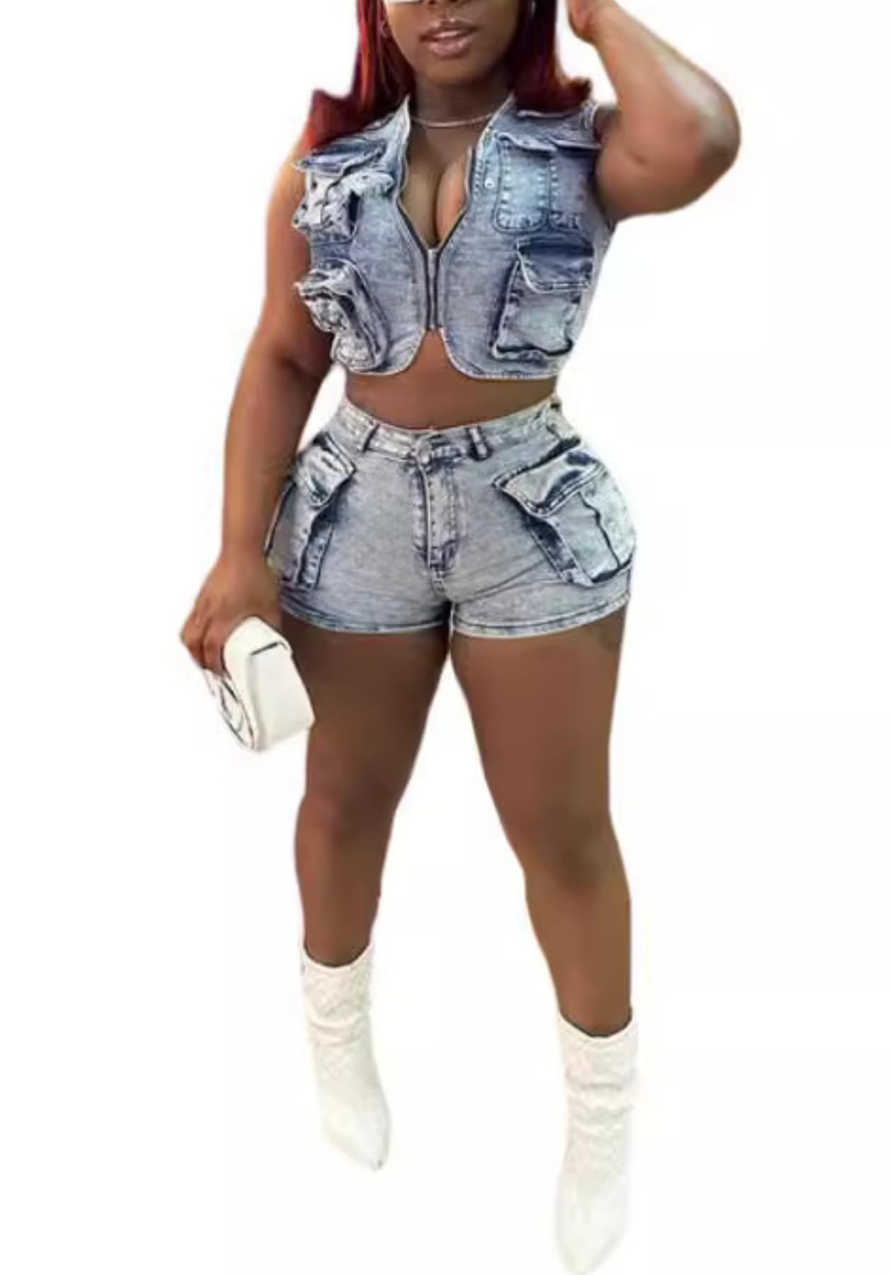 Women's Summer Denim Cargo 2-Piece Outfit Set - Sleeveless Vest & Mini Shorts with Pockets | Casual Streetwear, Beach Vacation, Music Festival Fashion
