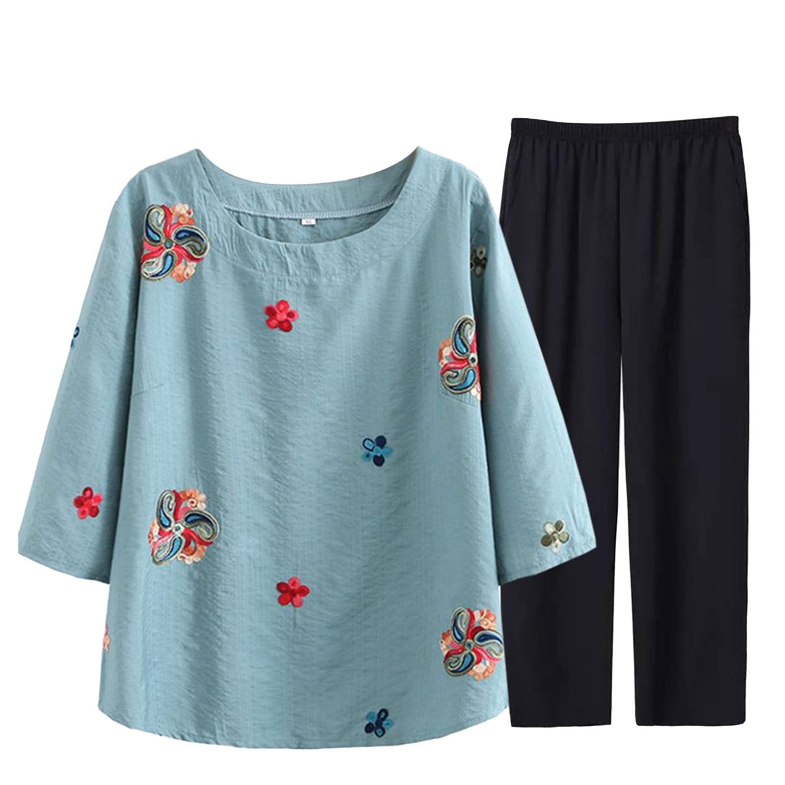 Stylish 2-Piece Outfits for Women - Short Sleeve Graphic Tees & Comfortable Pants Set | Casual Summer Wear for Elderly Women | Perfect for Daily Errands, Shopping & Relaxing at Home