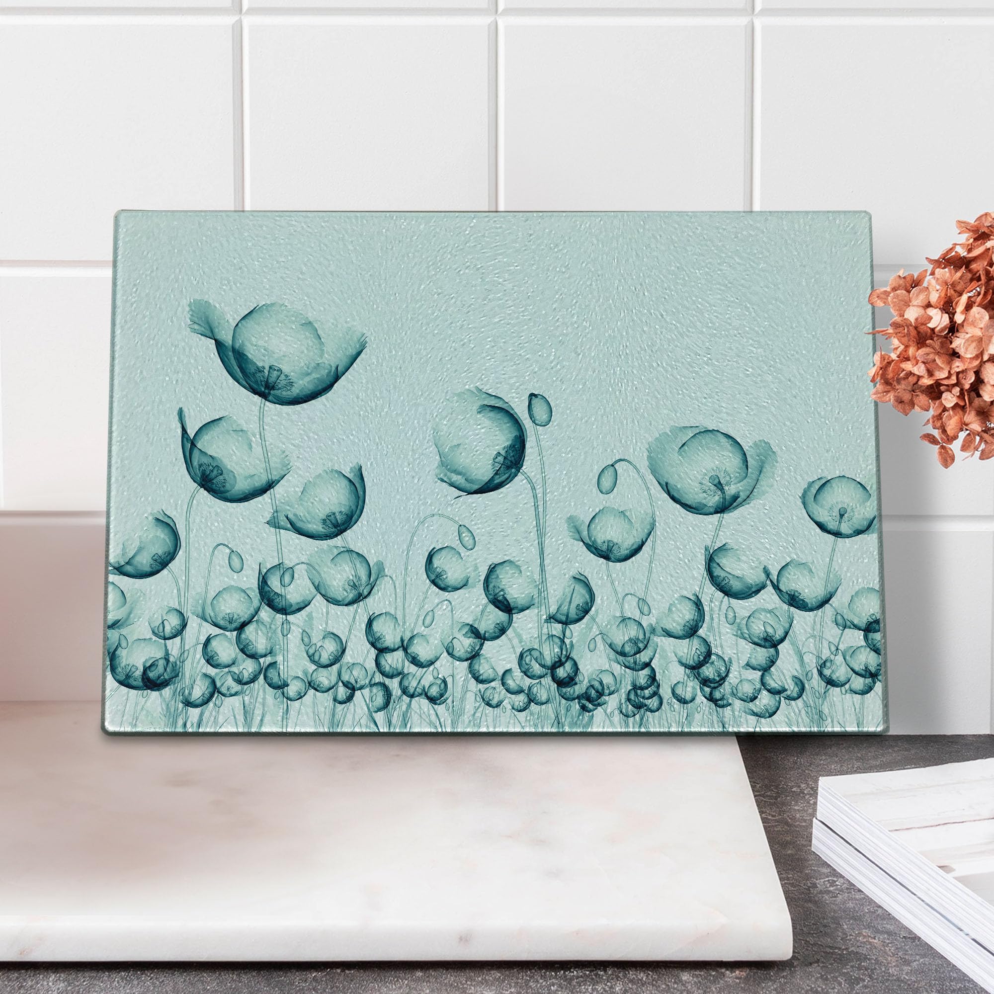 Ambesonne Poppy Flower X-Ray Art Cutting Board - Tempered Glass Serving Tray for Cheese, Charcuterie & Appetizers - Unique Nature-Inspired Kitchen Decor - Small Size in Teal & White - Perfect for Entertaining & Gifts