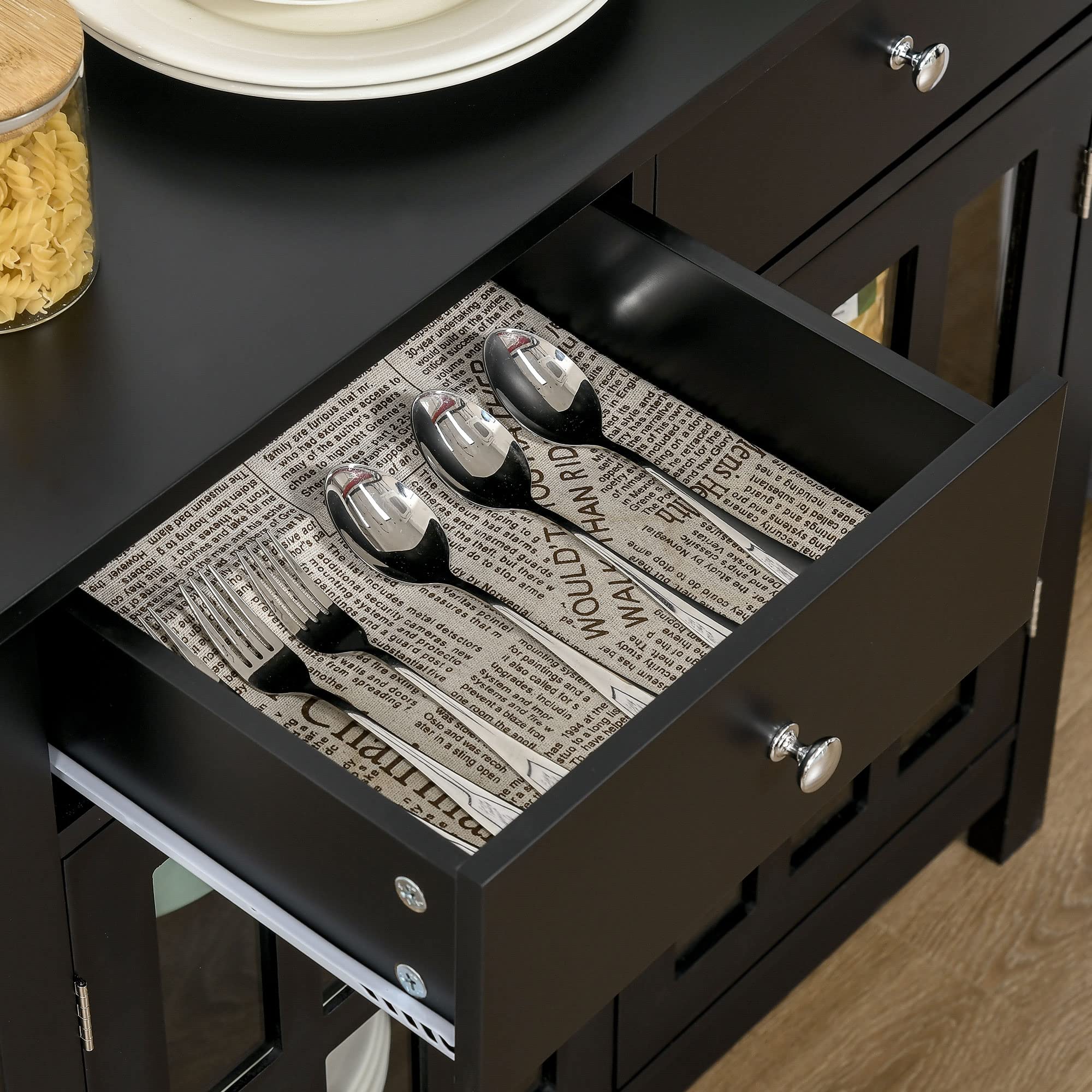 HOMCOM Sideboard Buffet Cabinet with Glass Doors - Adjustable Shelf & 2 Drawers - Modern Accent Kitchen Storage Cabinet in Black - Perfect for Dining Room, Kitchen Organization & Home Decor