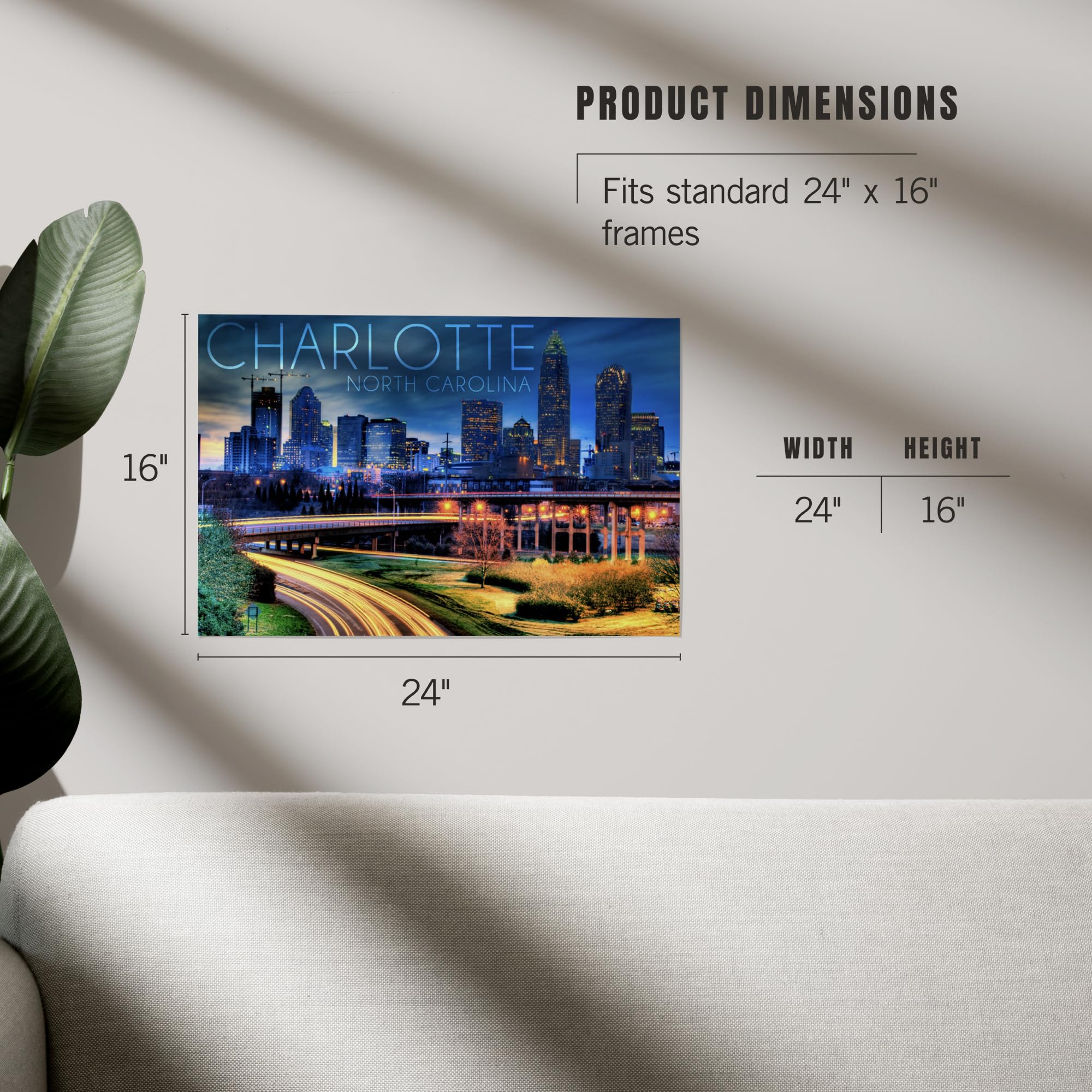 Lantern Press 16x24 Inch Giclee Art Print - Charlotte North Carolina Night Skyline Wall Decor | Perfect for Living Room, Bedroom & Office