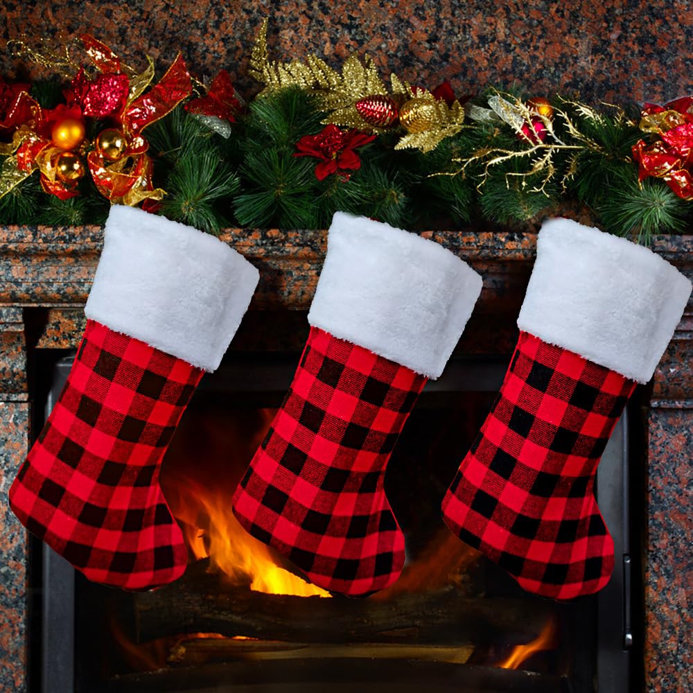 16.5 Inch Buffalo Plaid Christmas Stockings Set of 3 - Soft Plush Cuff Rustic Holiday Decor for Family, Xmas Party & Fireplace Mantel (Red/Black Buffalo Plaid Pattern) - Perfect for Gift Giving, Home Decor & Christmas Tree Decoration