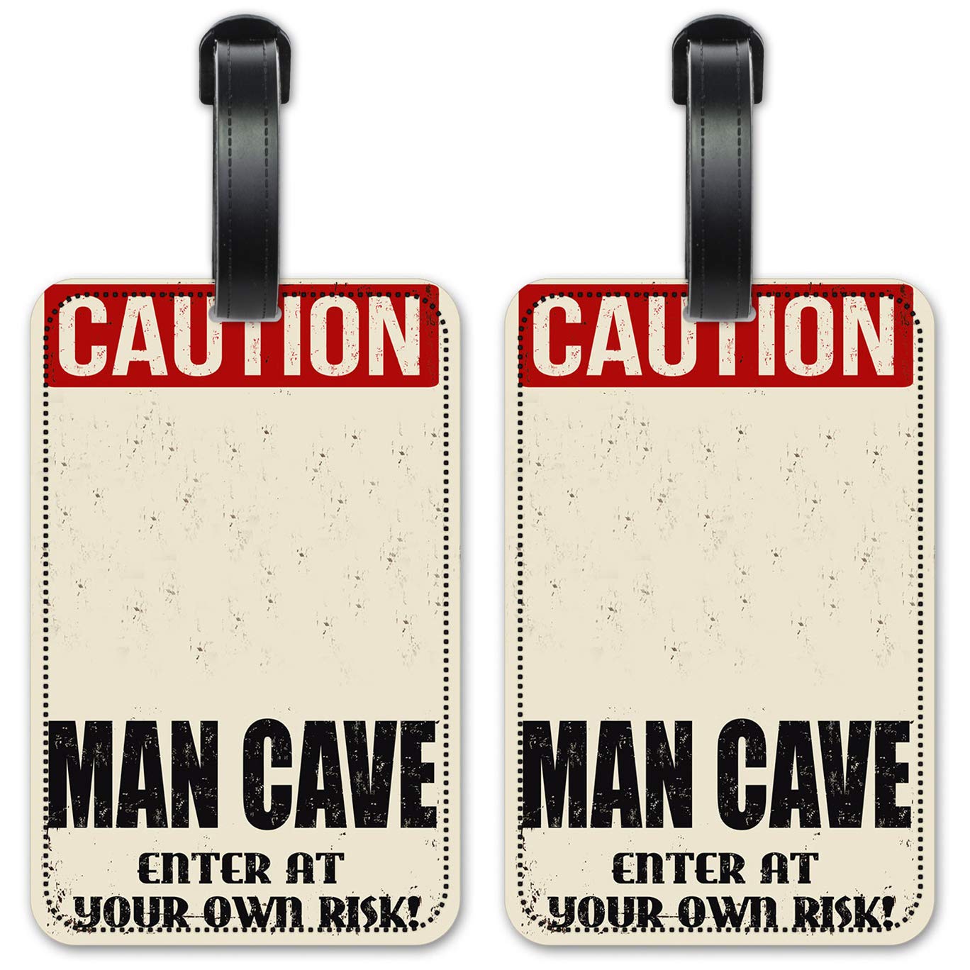 Caution Man Cave Luggage ID Tags - Set of 2 Durable Suitcase Identification Cards for Travel - Perfect for Business Trips, Vacations & Lost Luggage Prevention